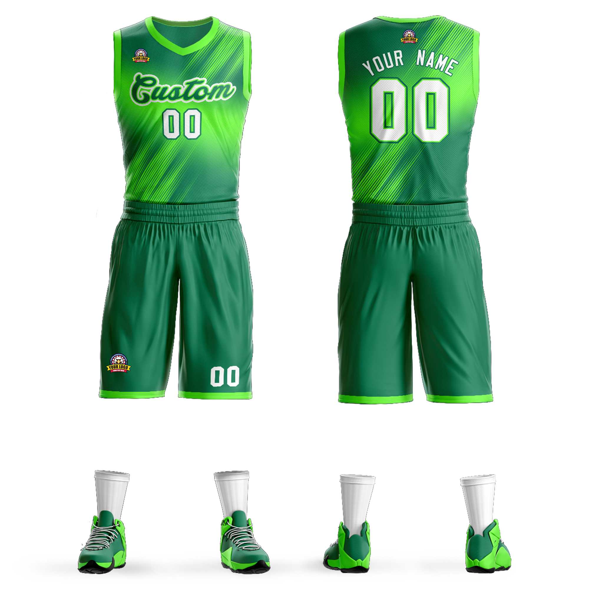 Maillot de basket-ball personnalisé, dégradé vert blanc-vert, ensembles de mode, Slash