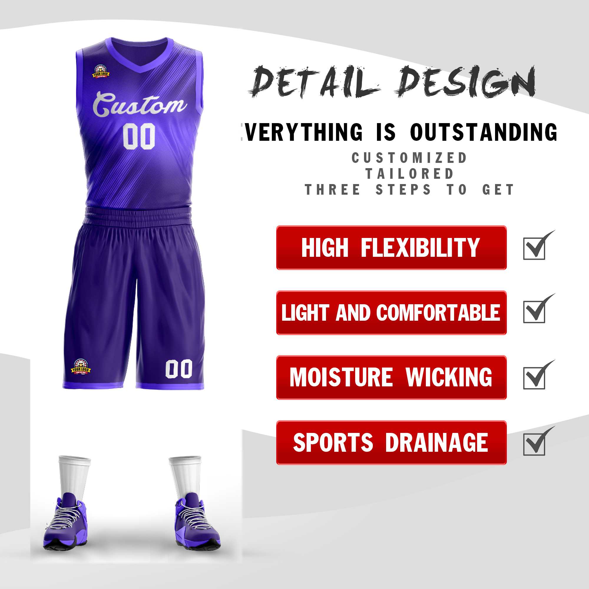 La mode dégradée blanche et violette personnalisée définit le maillot de basket-ball Slash