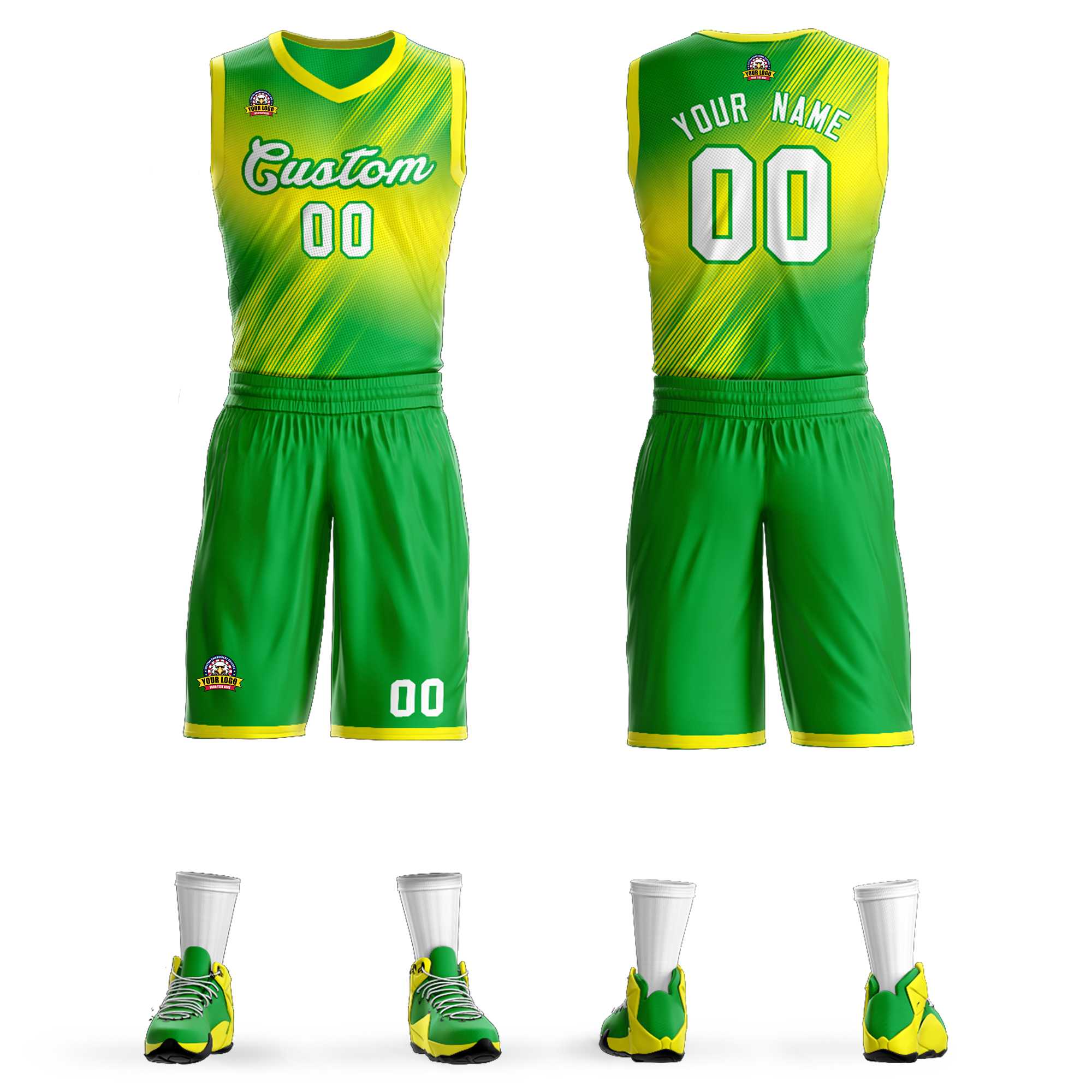 Maillot de basket-ball personnalisé, dégradé vert blanc-vert, ensembles de mode, Slash