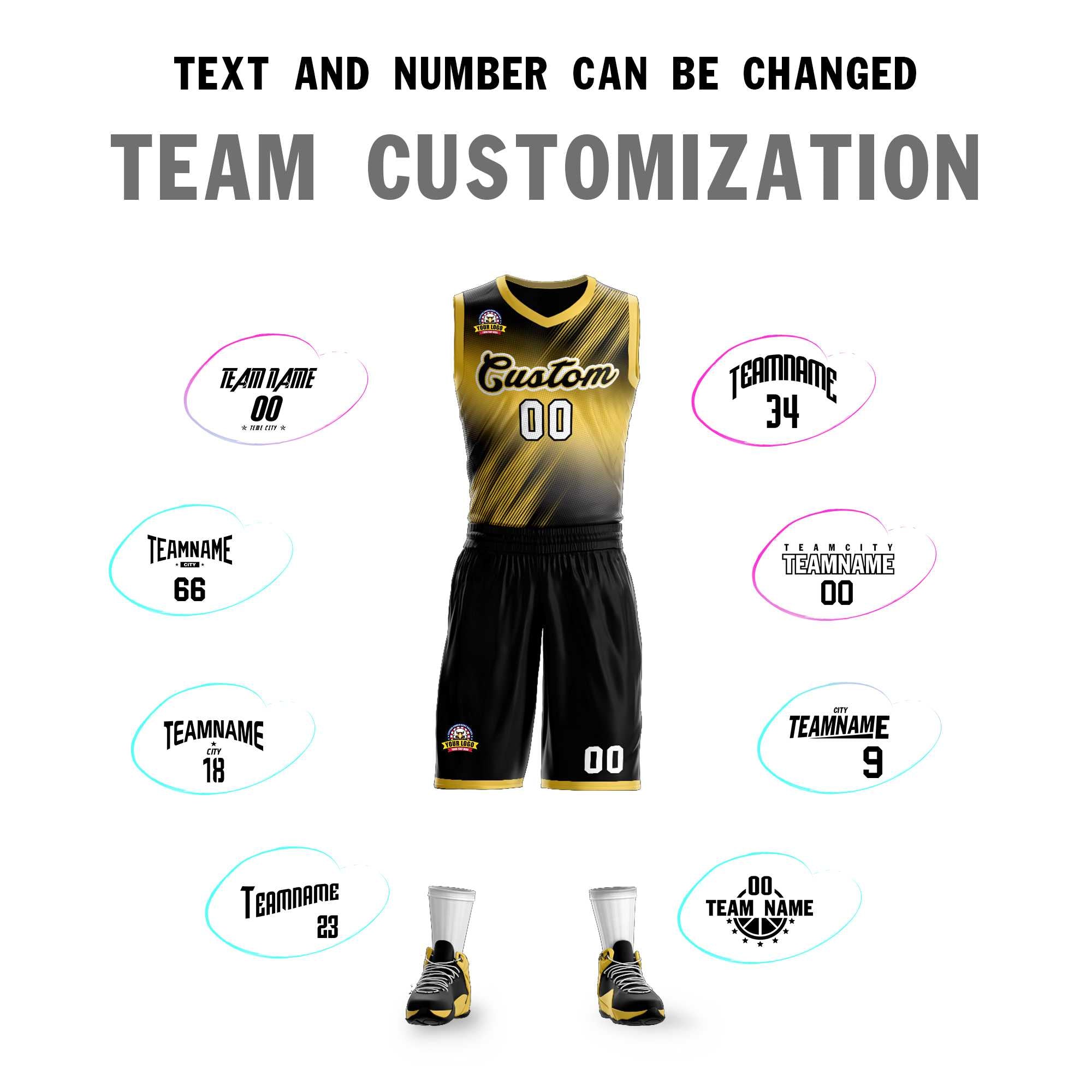 La mode dégradée jaune noir-jaune personnalisée définit le maillot de basket-ball Slash