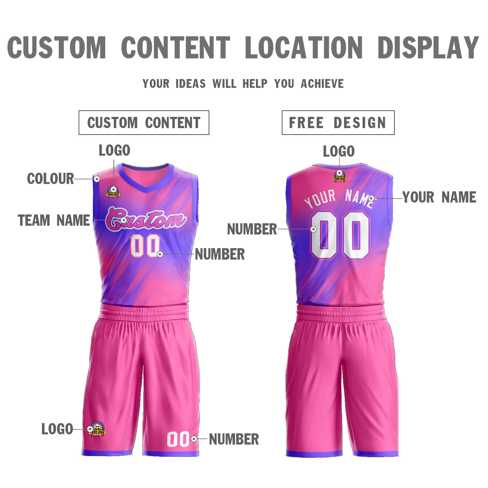 Maillot de basket-ball personnalisé, dégradé rose-violet, ensembles de mode, Slash