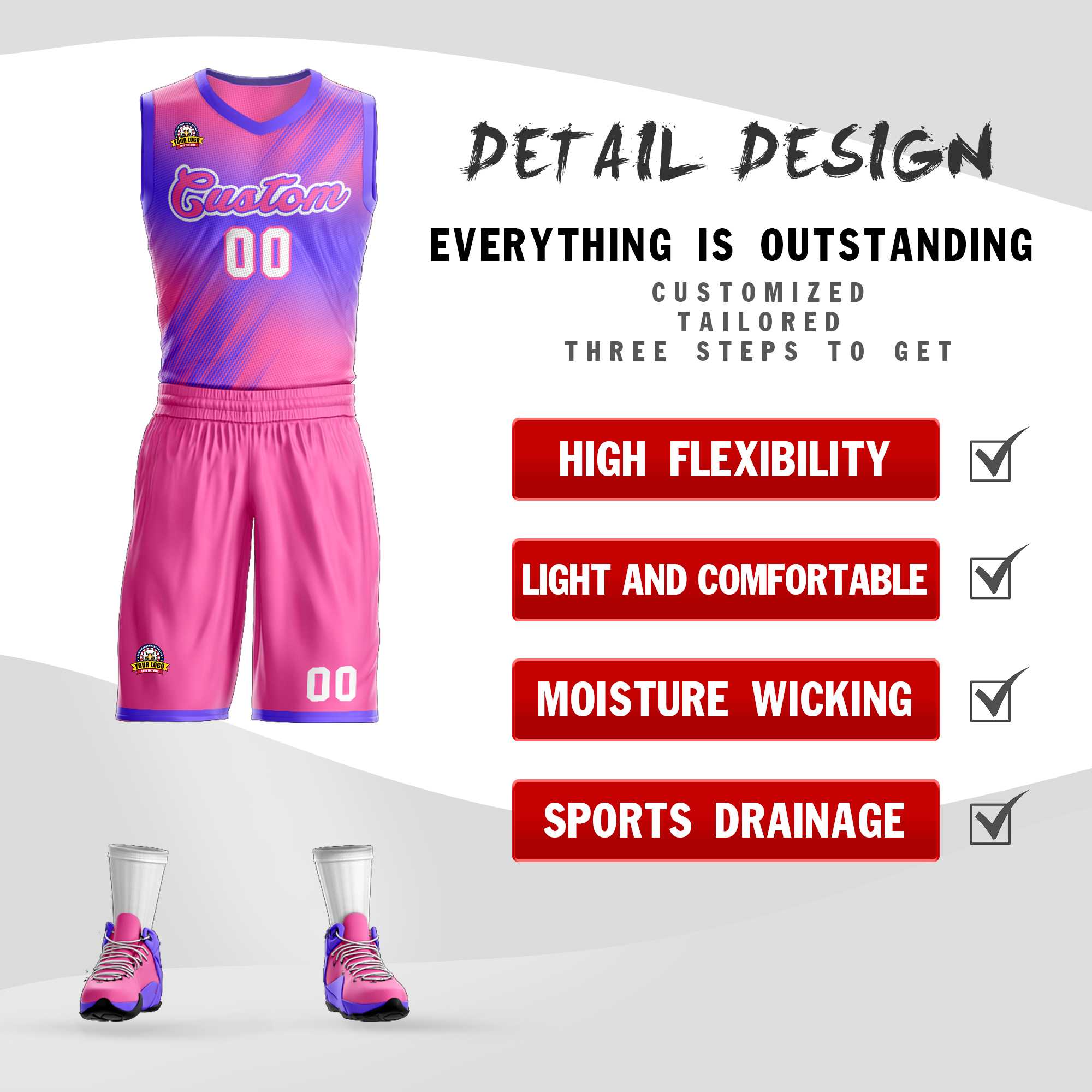 Maillot de basket-ball personnalisé, dégradé rose-violet, ensembles de mode, Slash