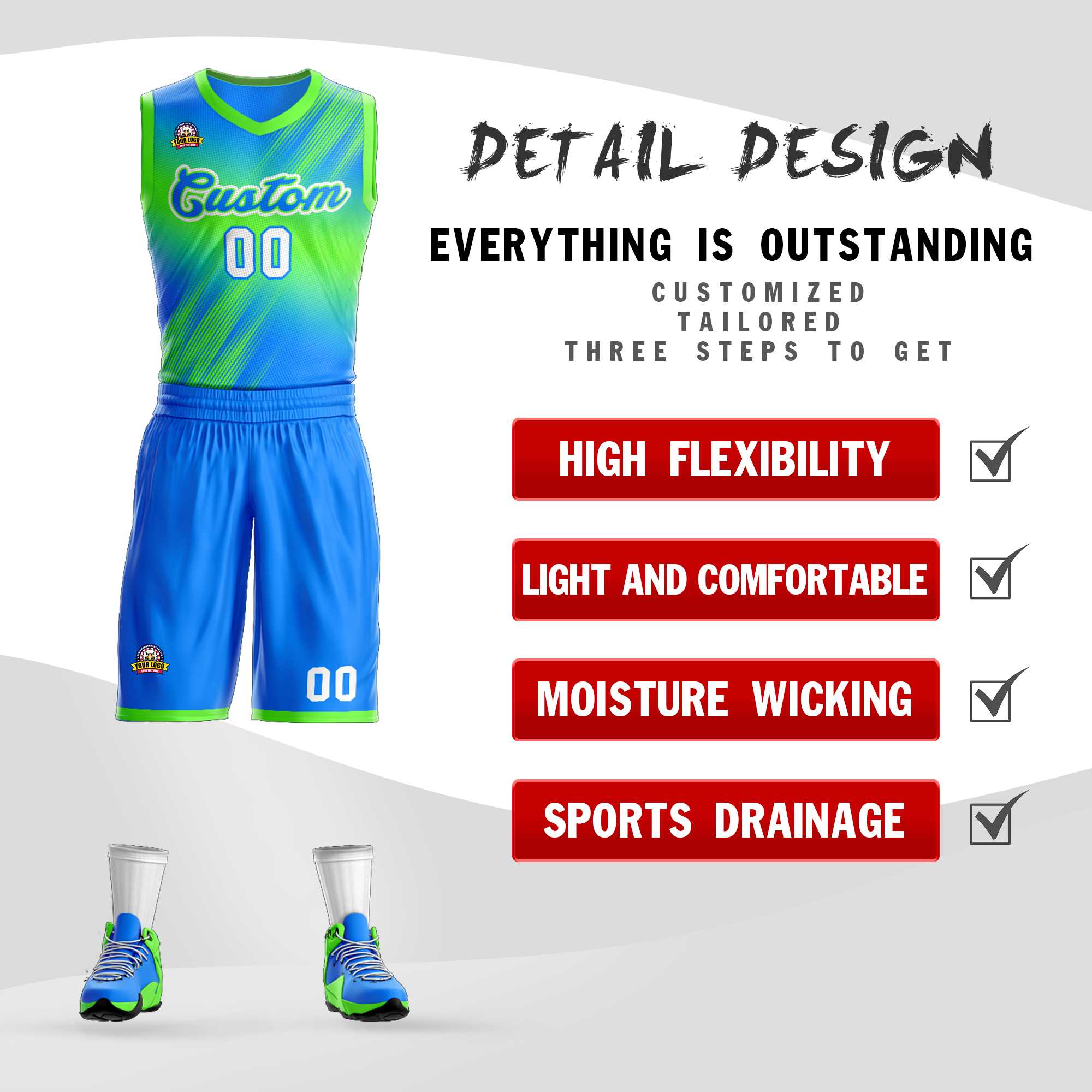 Custom Green Blue-Green Gradient Fashion Sets Slash Basketball Jersey