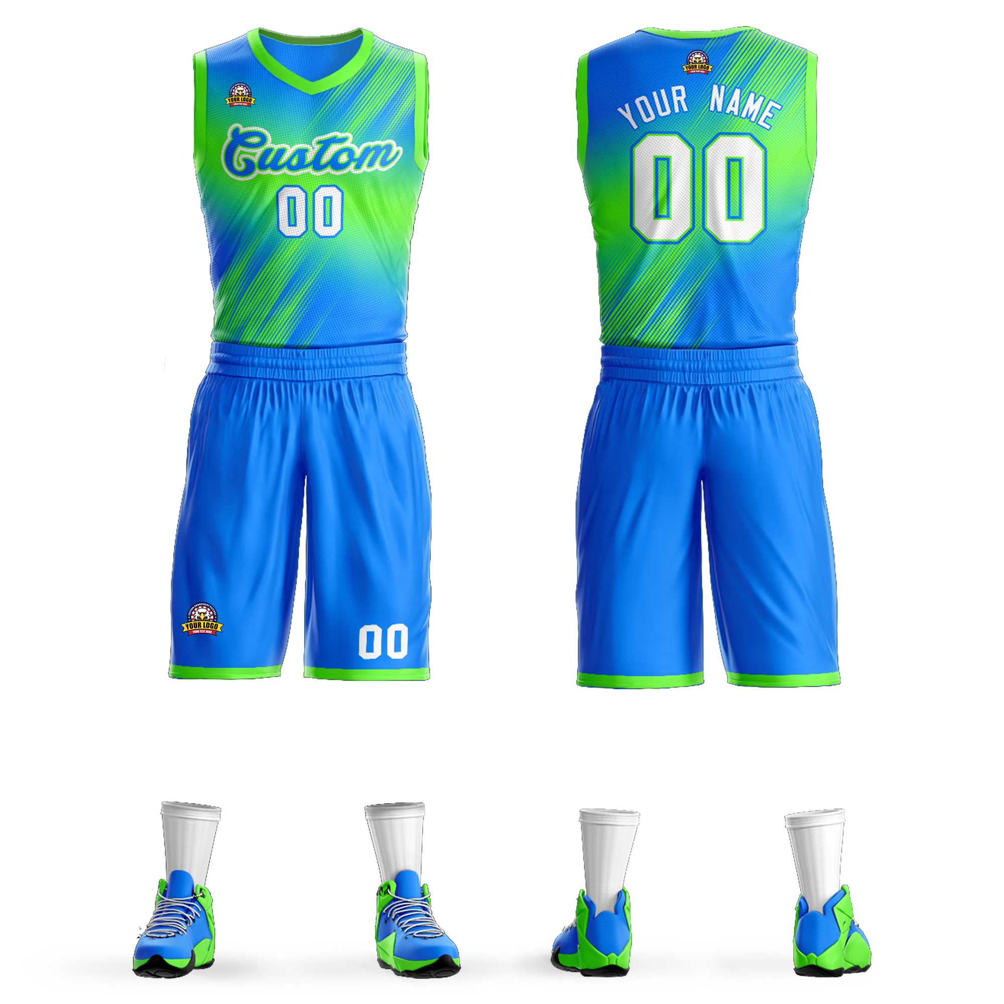 Custom Green Blue-Green Gradient Fashion Sets Slash Basketball Jersey