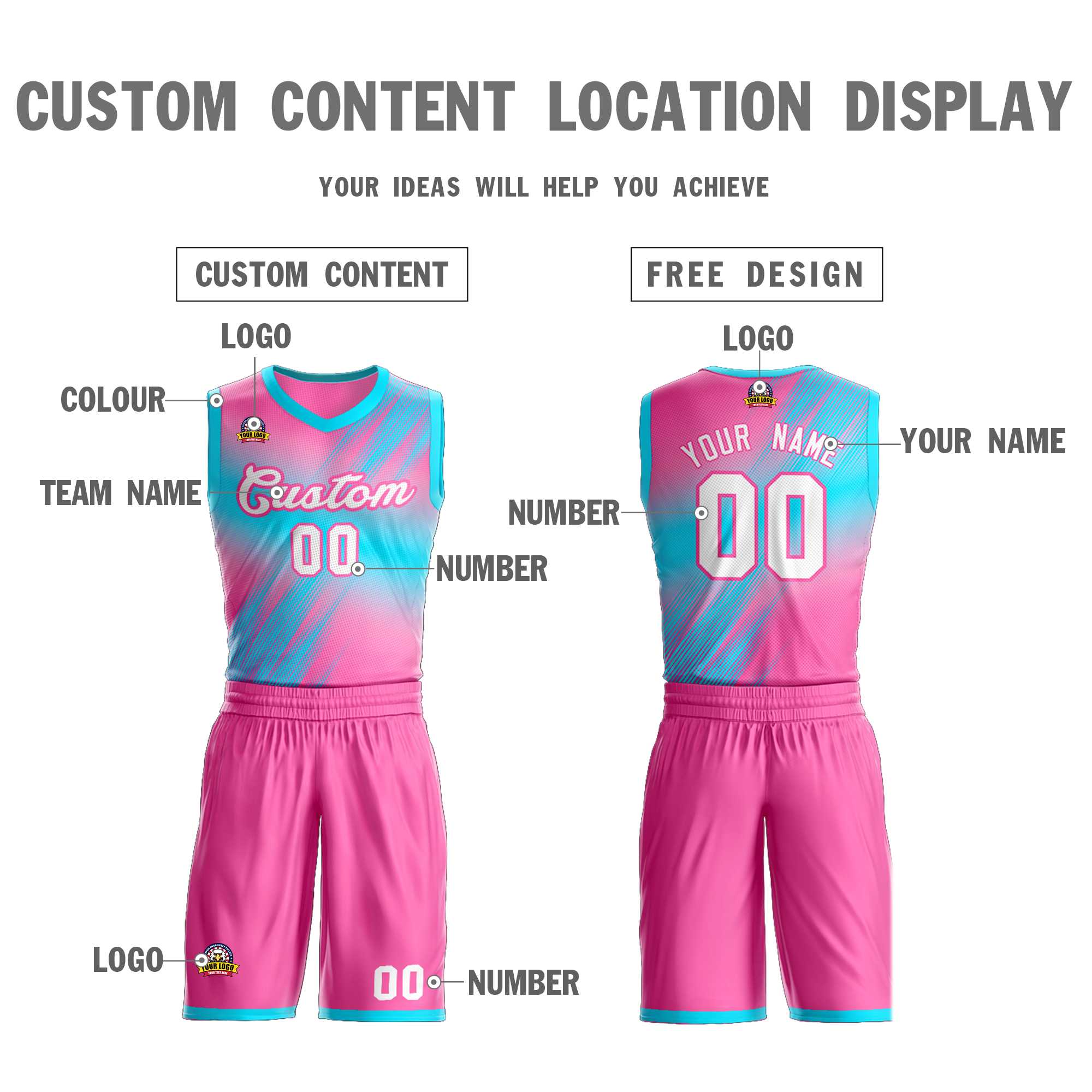 La mode dégradée rose blanc-rose personnalisée définit le maillot de basket-ball Slash