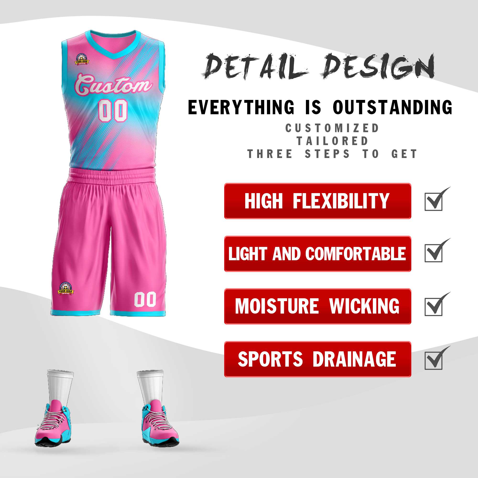 La mode dégradée rose blanc-rose personnalisée définit le maillot de basket-ball Slash