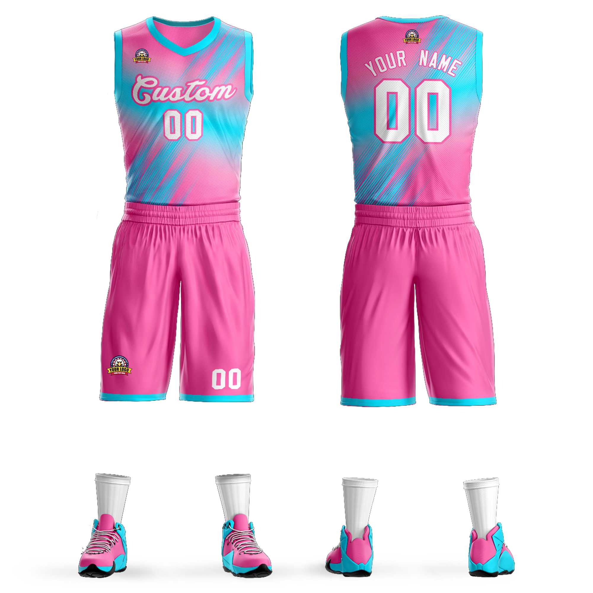 La mode dégradée rose blanc-rose personnalisée définit le maillot de basket-ball Slash