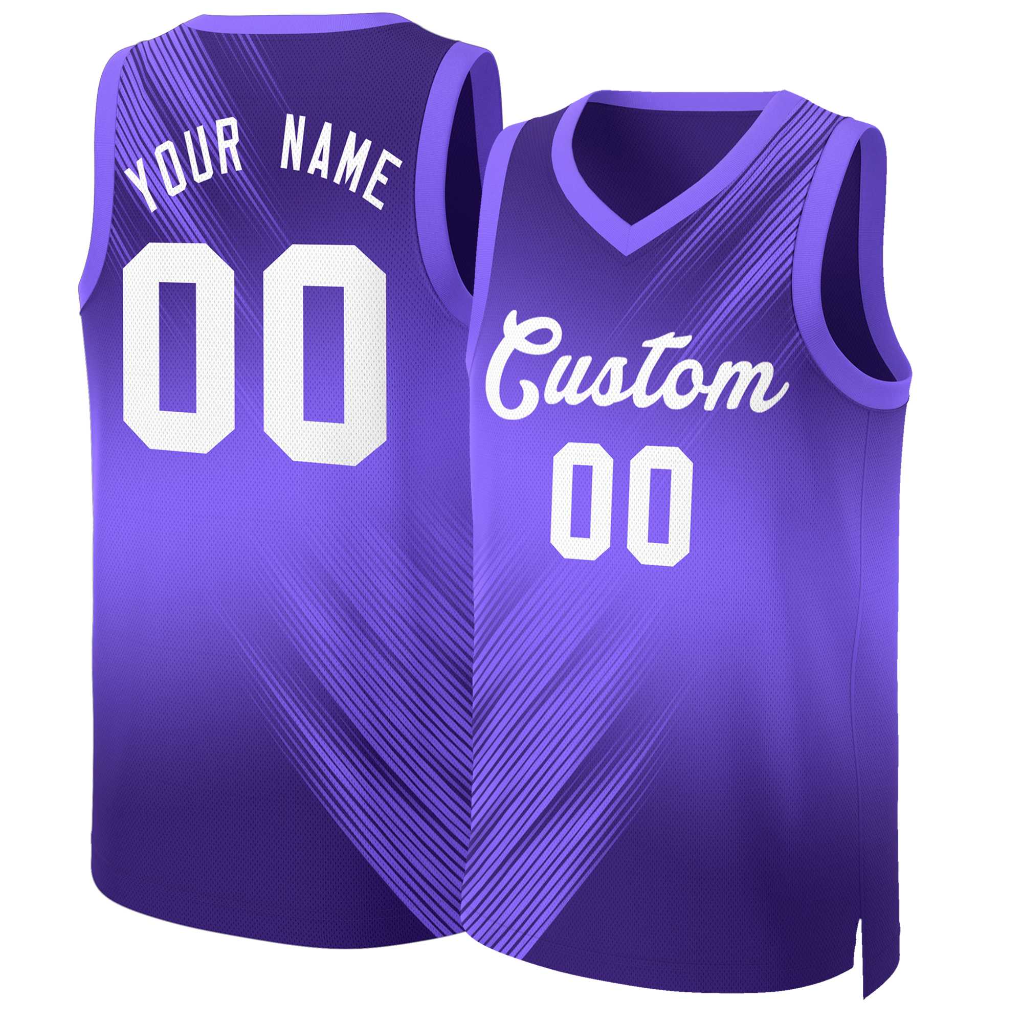 Maillot de basket-ball personnalisé, dégradé blanc violet, hauts à la mode, Slash