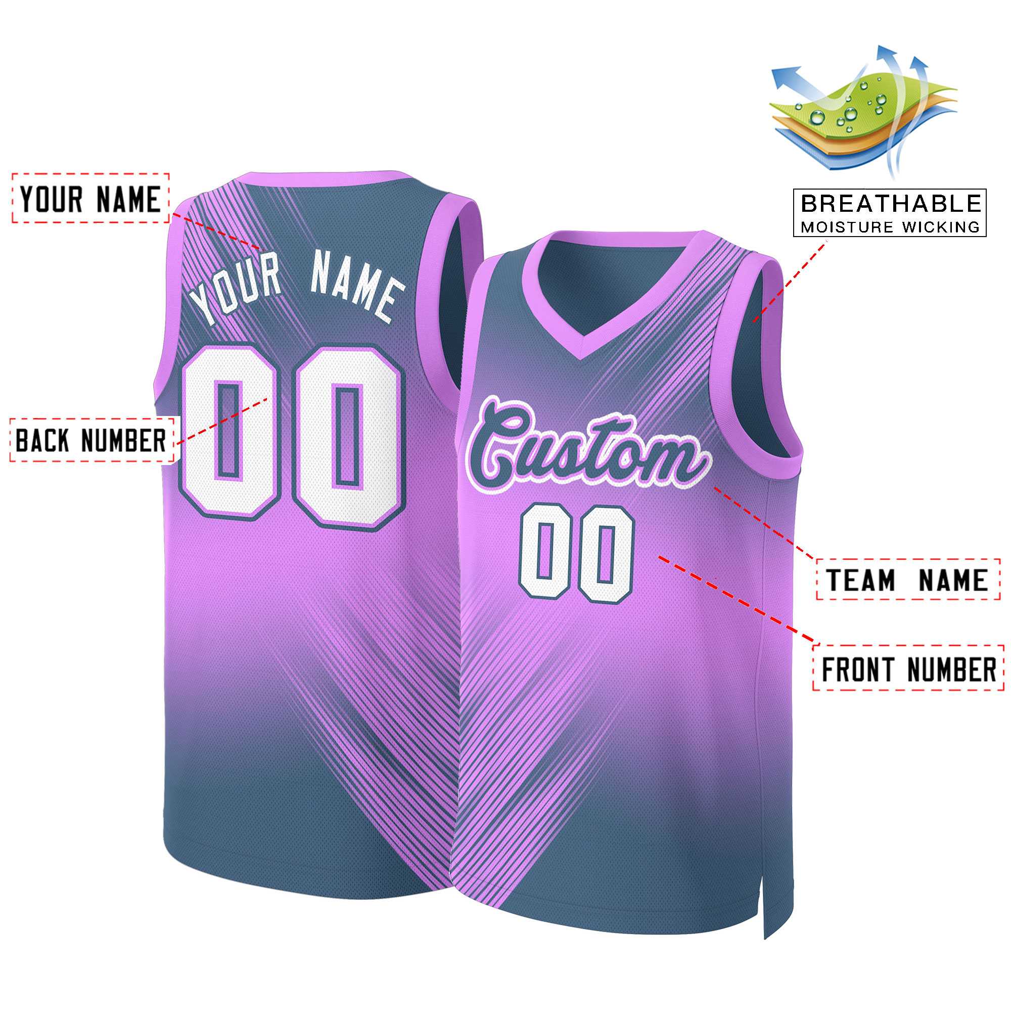 Custom Pink Navy-White Gradient Fashion Tops Slash Basketball Jersey