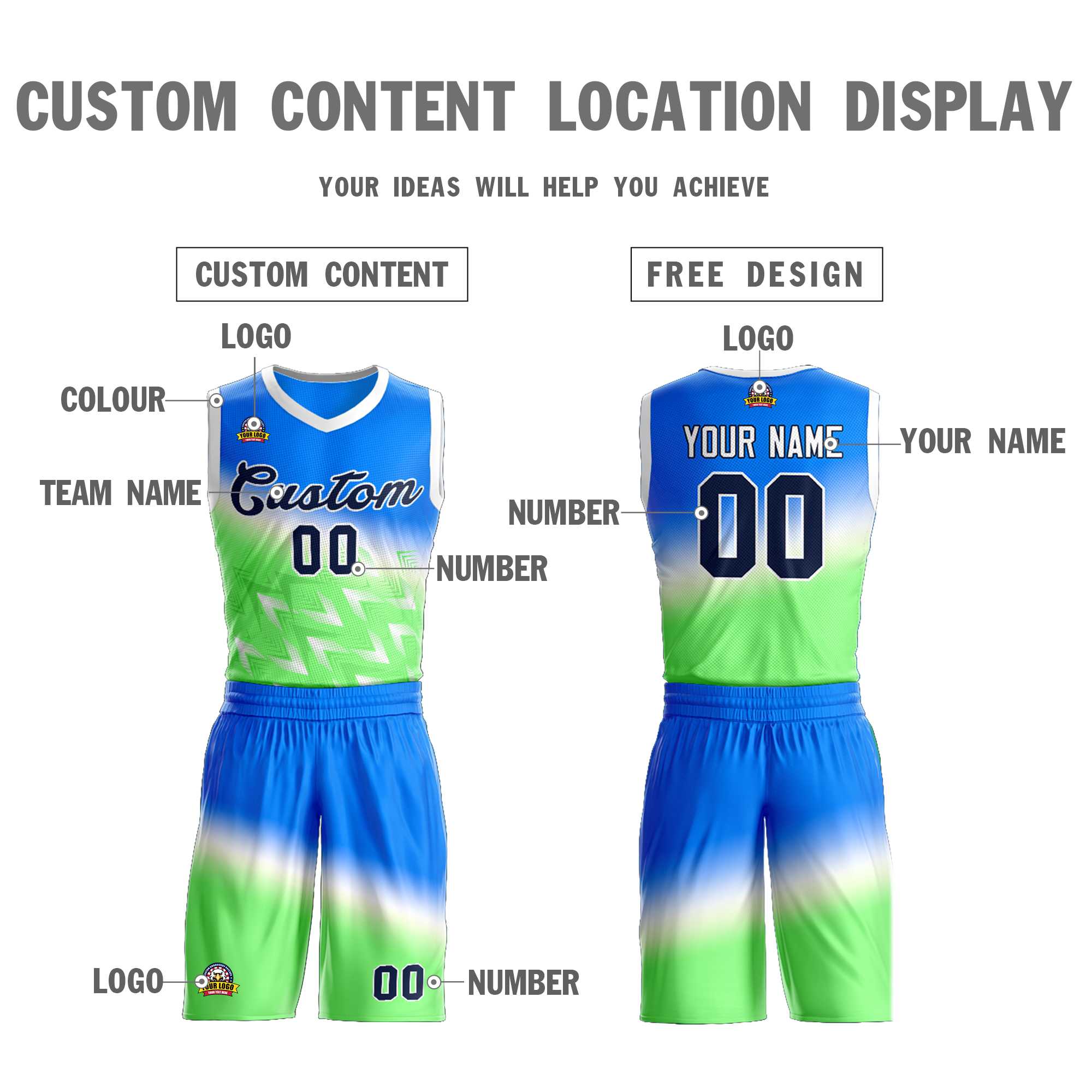 Custom Blue Green-Black Gradient Fashion Sets Slash Basketball Jersey