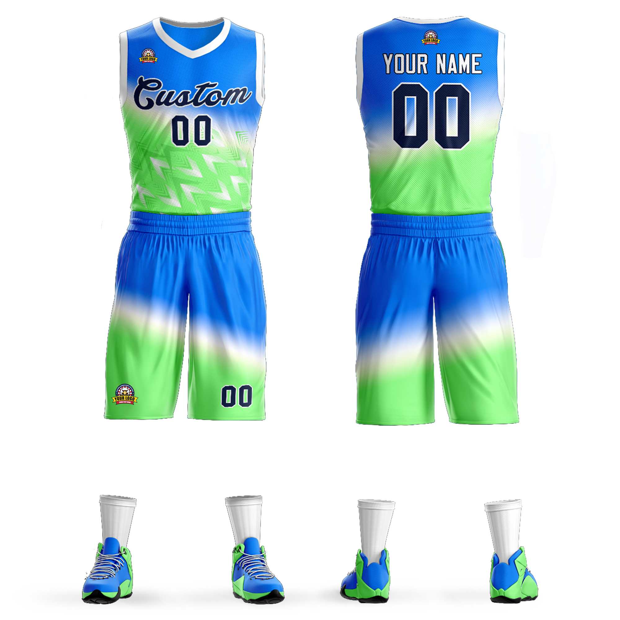 La mode dégradée bleu vert-noir personnalisée définit le maillot de basket-ball Slash