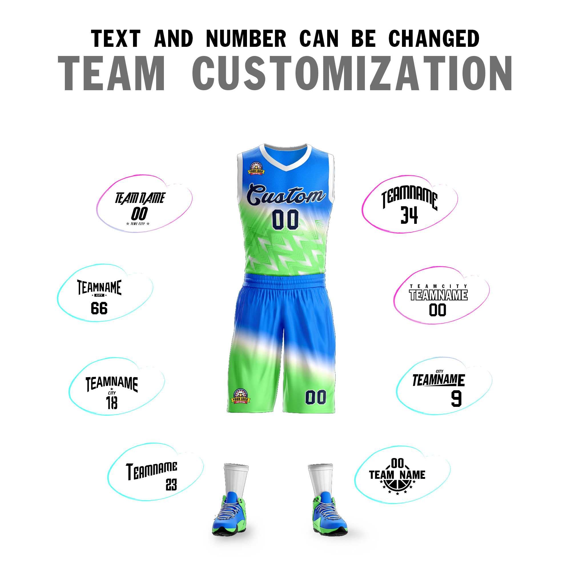 Custom Blue Green-Black Gradient Fashion Sets Slash Basketball Jersey