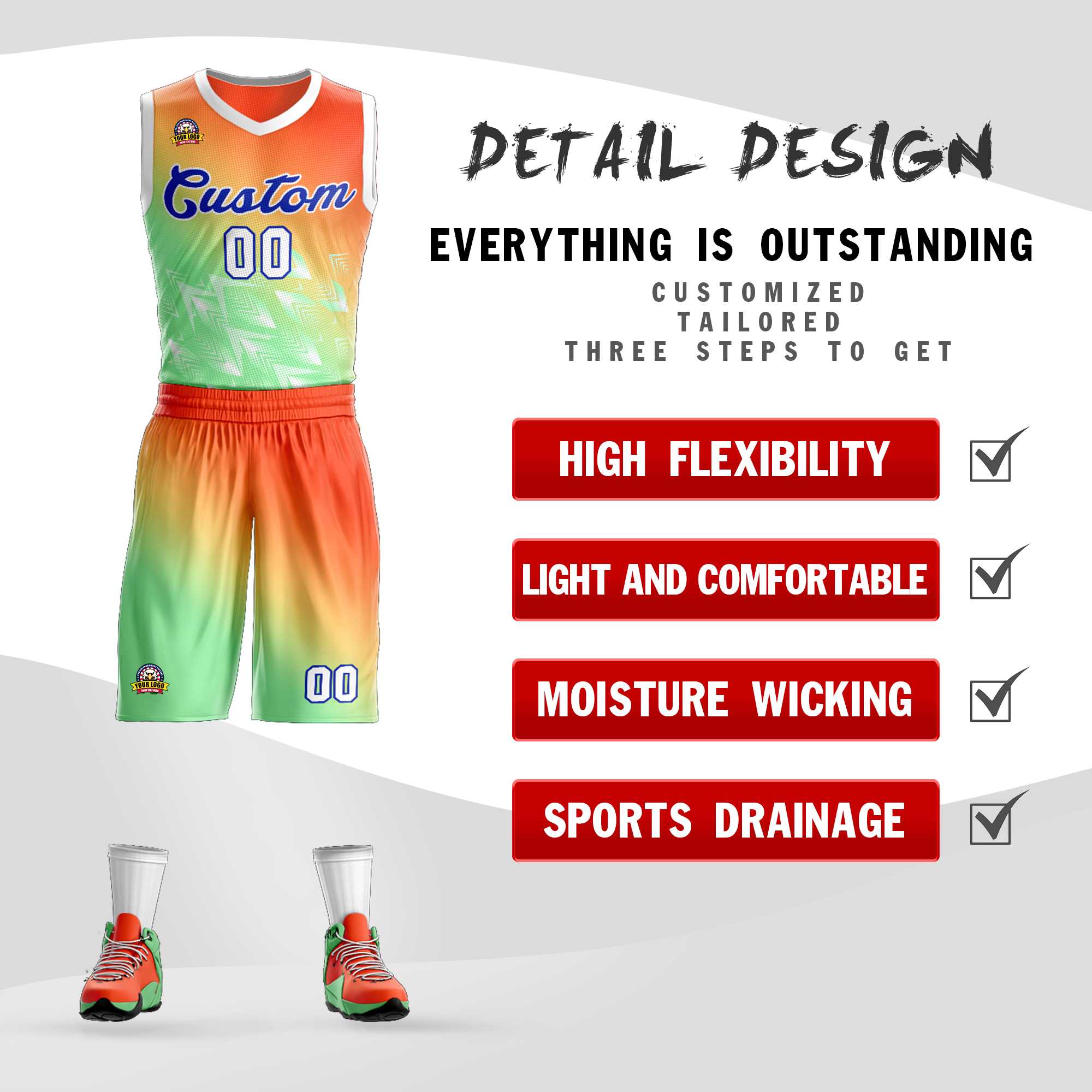 La mode personnalisée Orange vert-Royal dégradé définit le maillot de basket-ball Slash