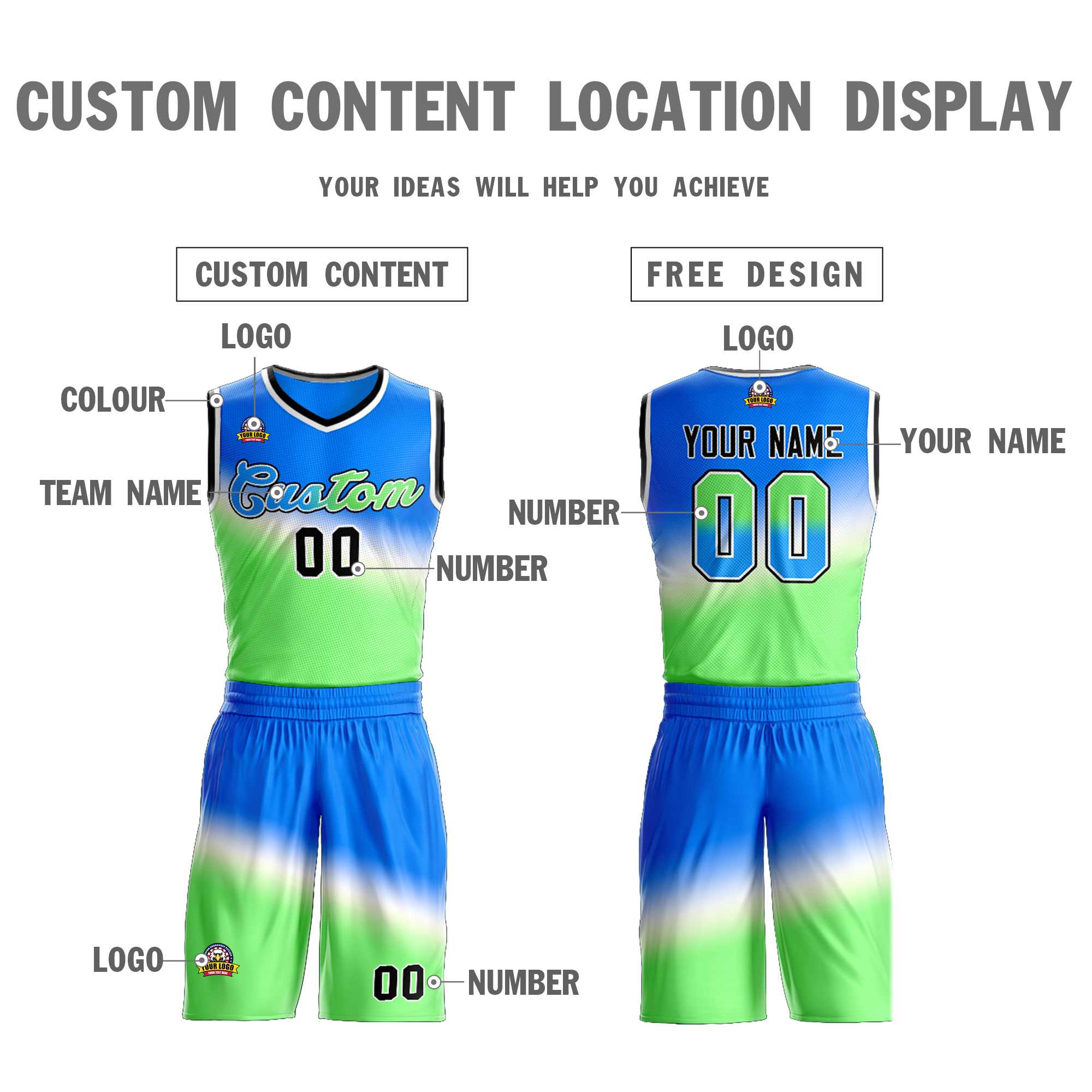 Custom Blue Green-Blue Gradient Fashion Sets Slash Basketball Jersey