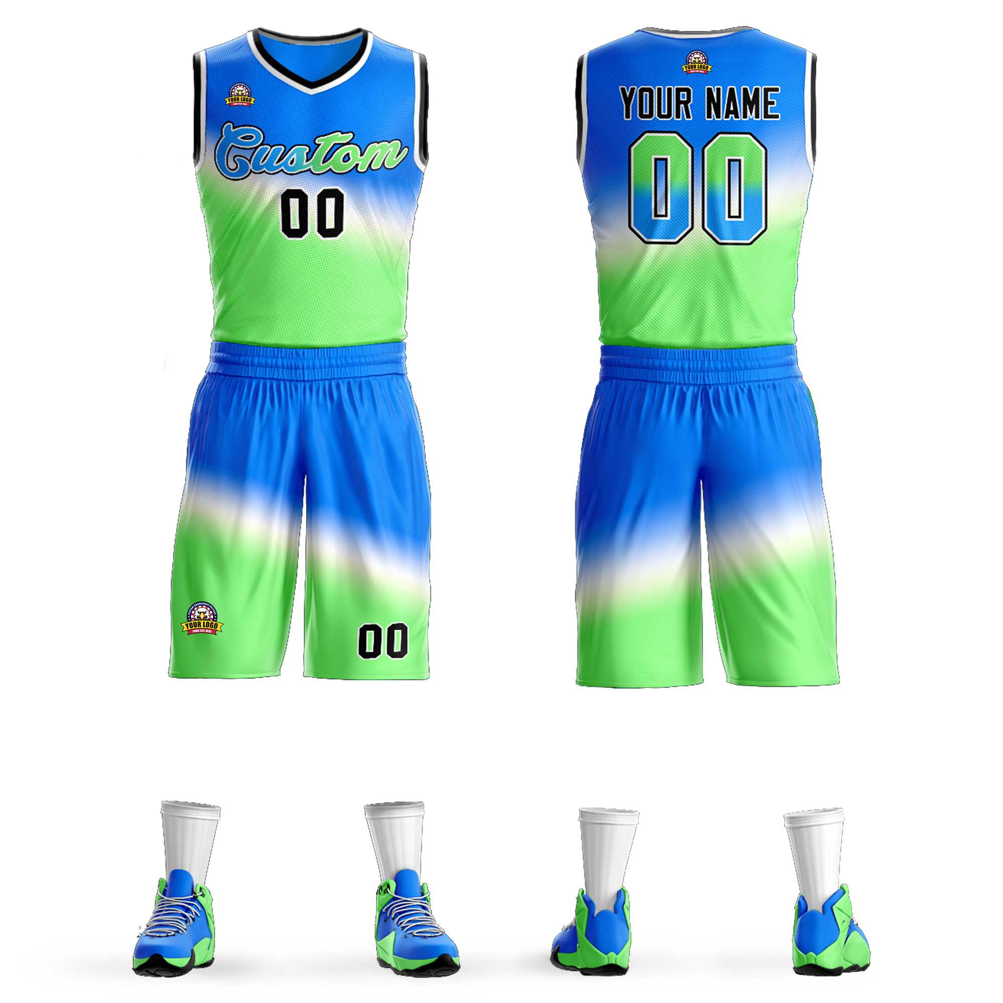 La mode dégradée bleu vert-bleu personnalisée définit le maillot de basket-ball Slash