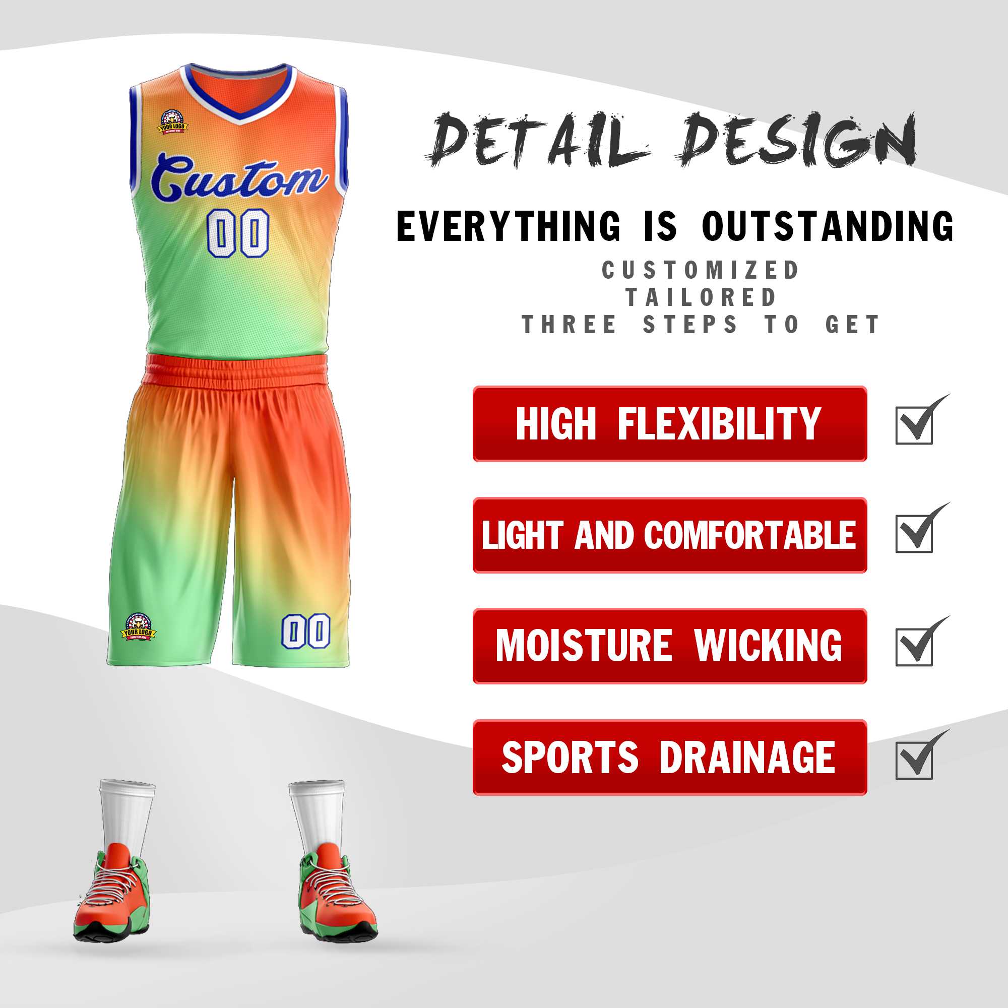 La mode personnalisée Orange vert-Royal dégradé définit le maillot de basket-ball Slash