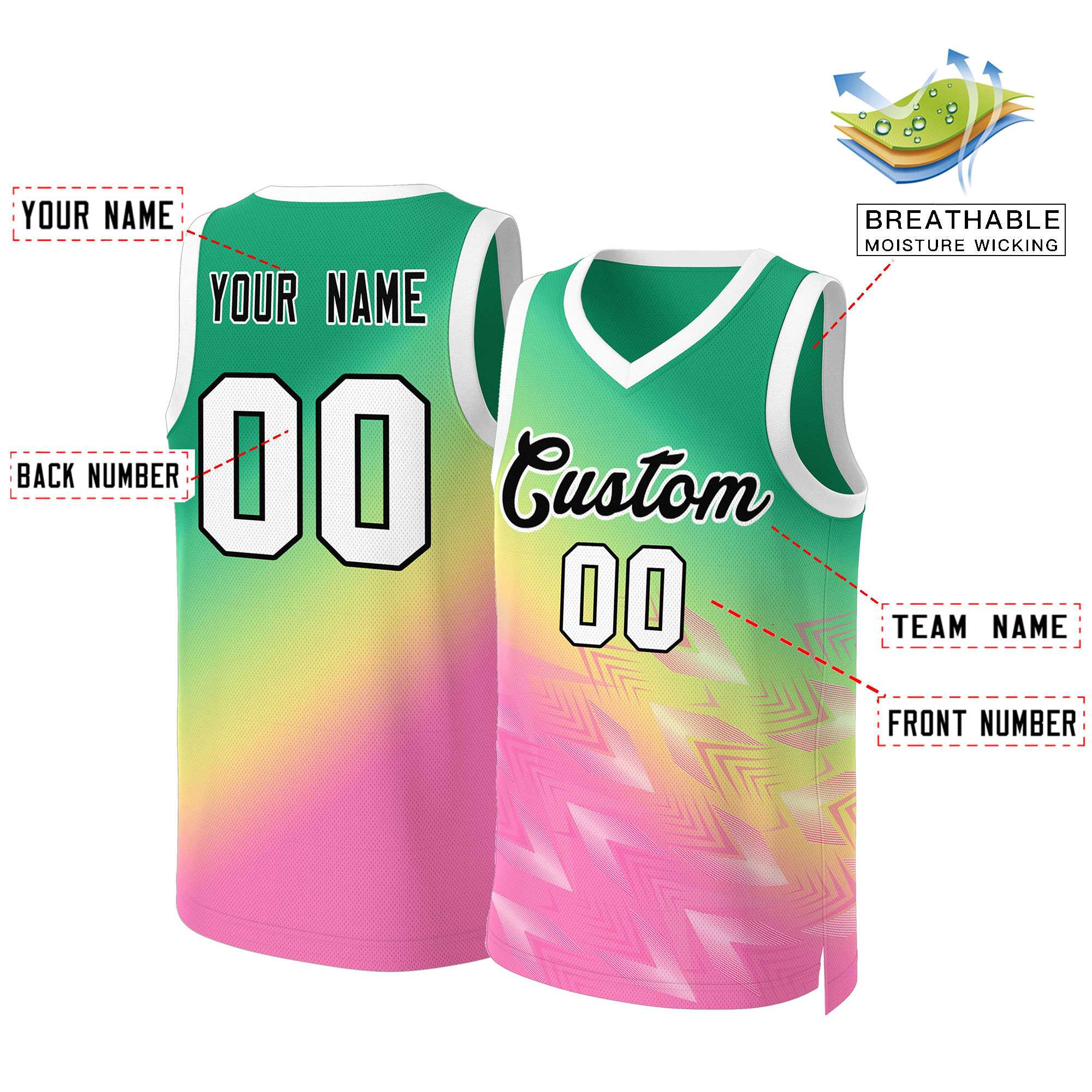 Maillot de basket-ball personnalisé Kelly vert rose-noir dégradé, hauts à la mode