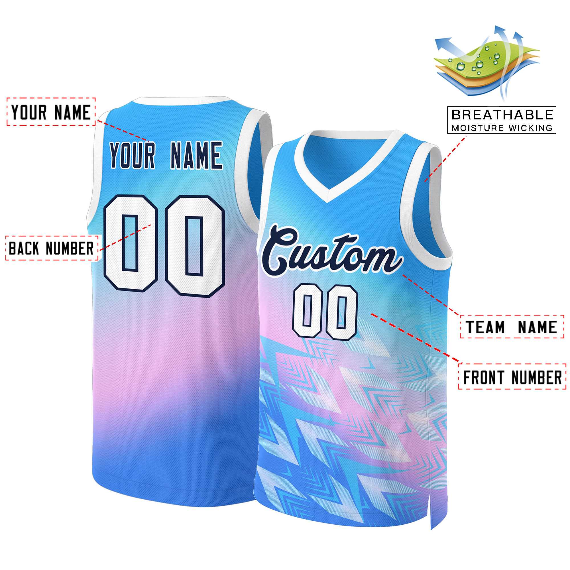 Custom Powder Blue Powder Blue-Black Gradient Fashion Tops Slash Basketball Jersey