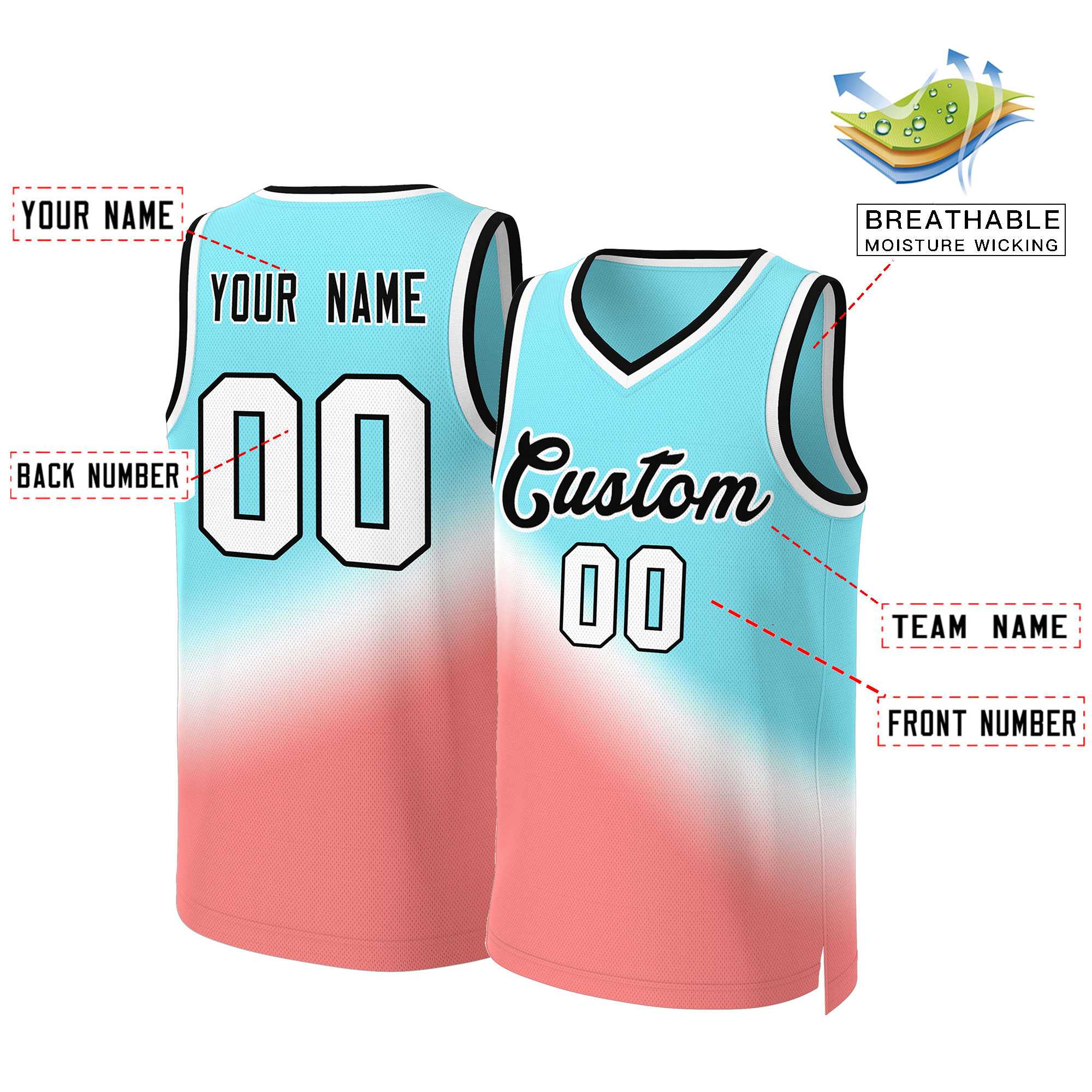 Custom Aqua Red-Black Gradient Fashion Tops Slash Basketball Jersey