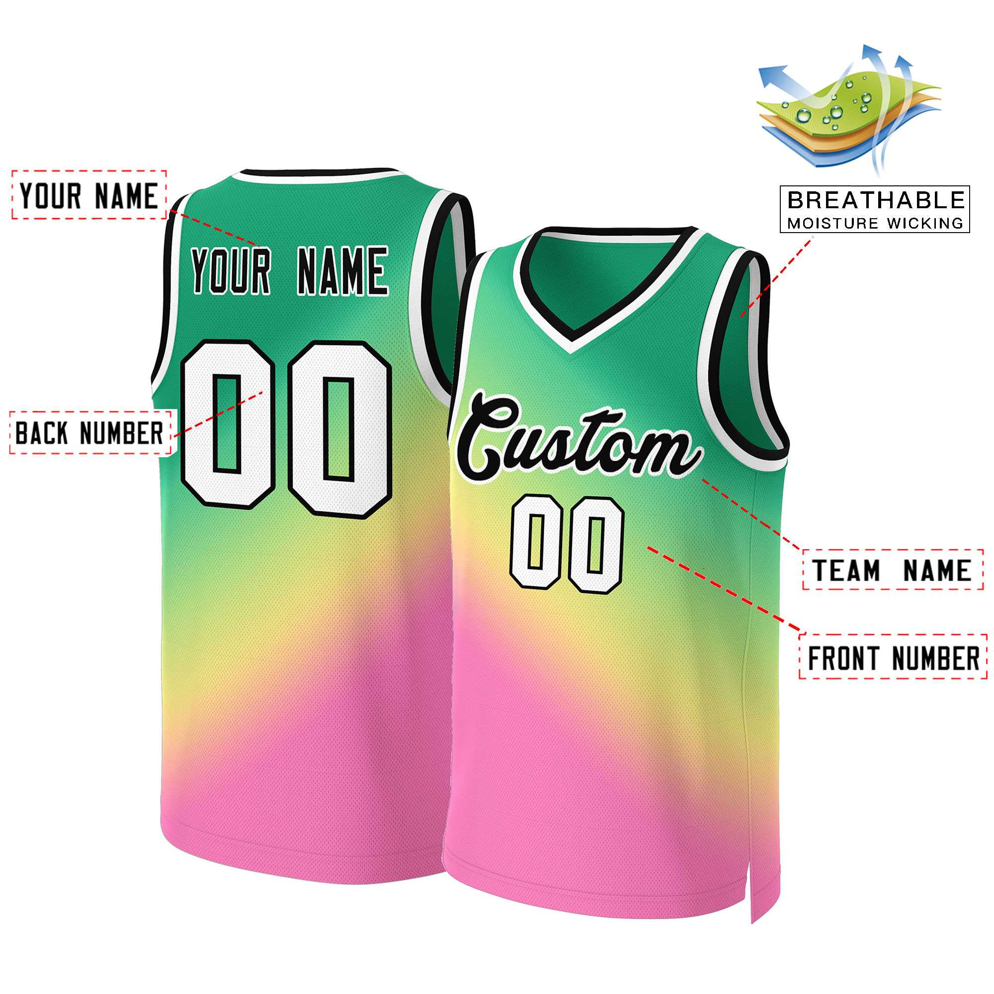 Maillot de basket-ball personnalisé Kelly vert rose-noir dégradé, hauts à la mode