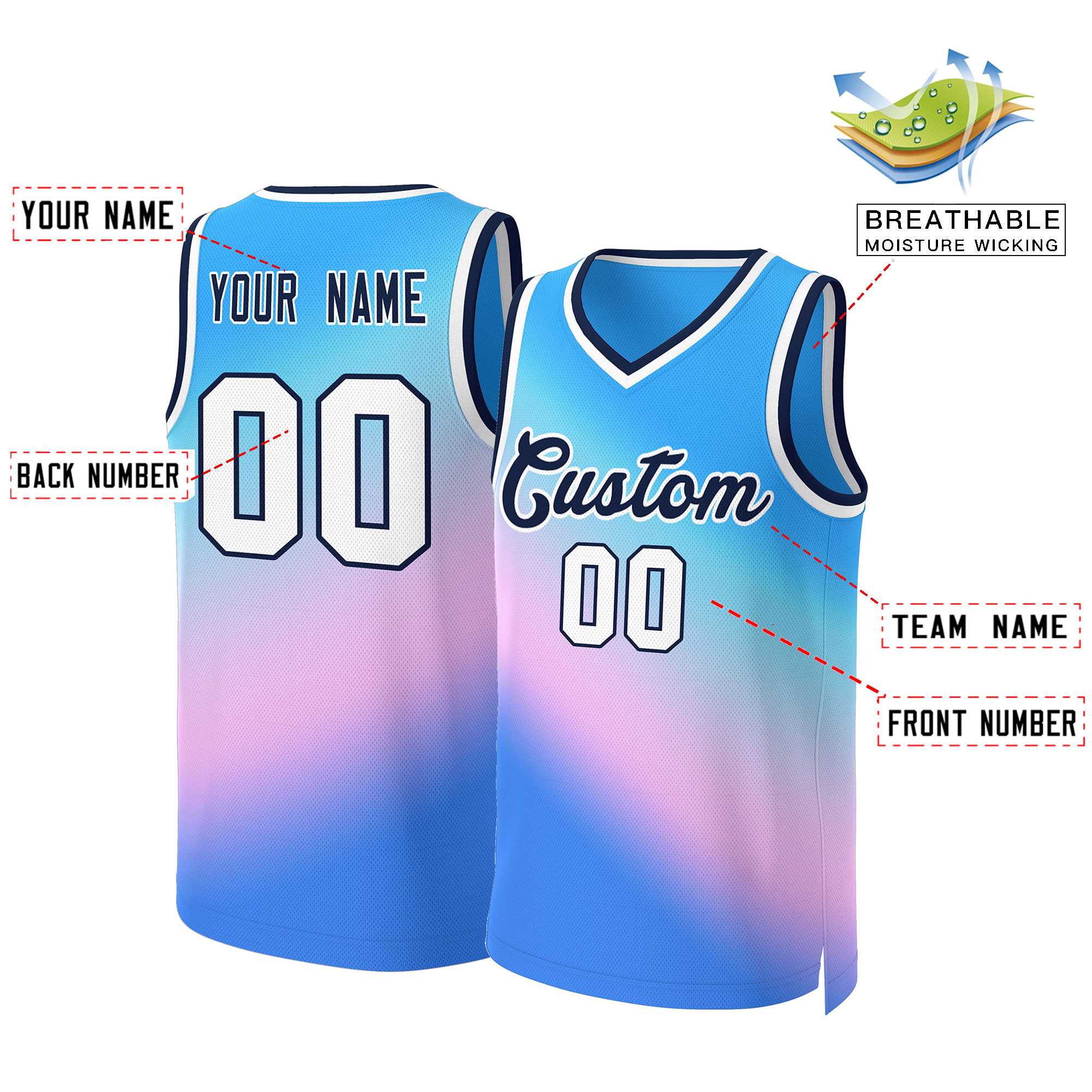 Custom Powder Blue Powder Blue-Navy Gradient Fashion Tops Slash Basketball Jersey