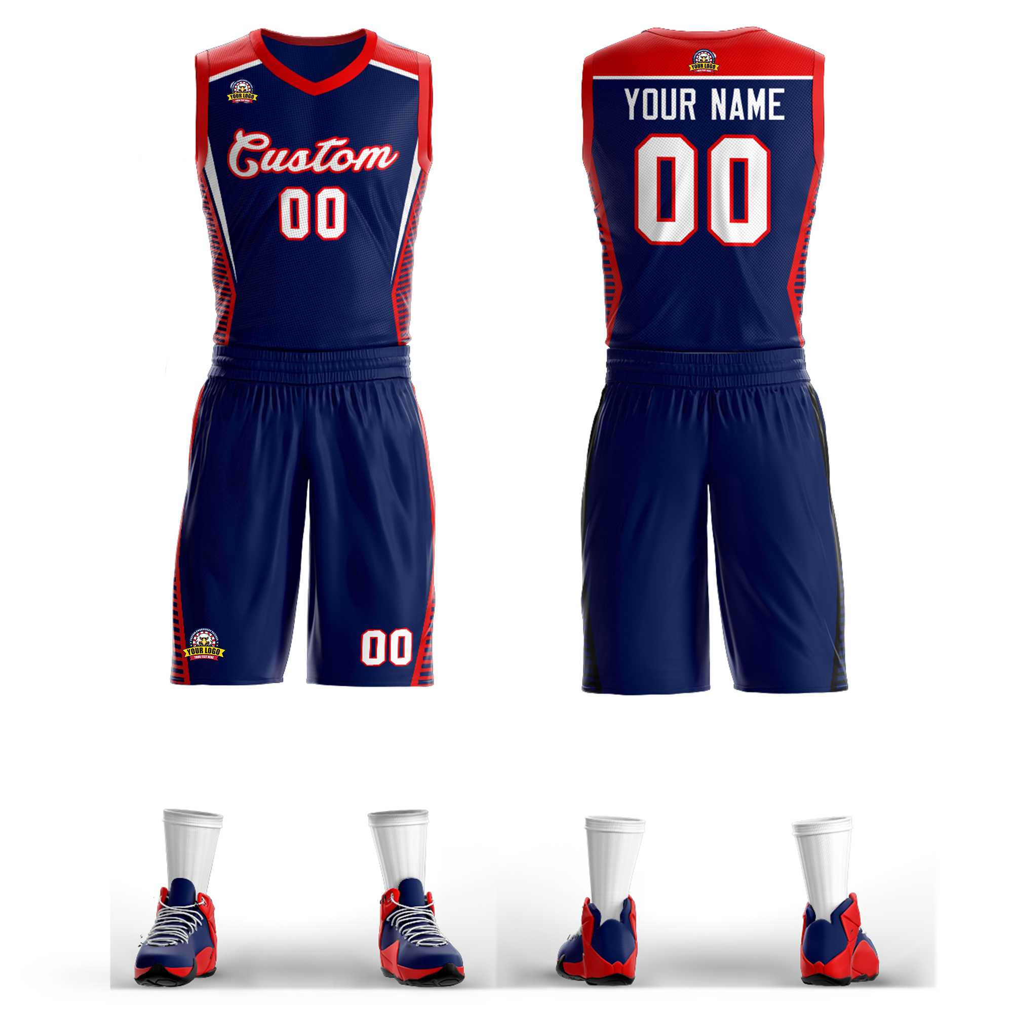 Custom Navy White-Red Classic Sets Mesh Basketball Jersey