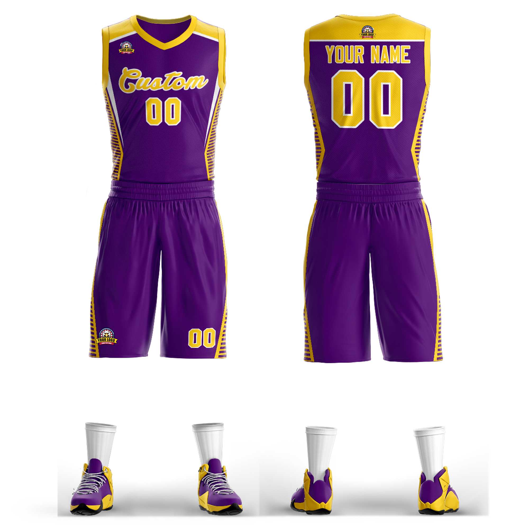 Custom Purple Gold-White Classic Sets Mesh Basketball Jersey