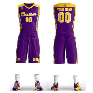 Maillot de basket-ball en maille violet, or-blanc personnalisé, ensembles classiques