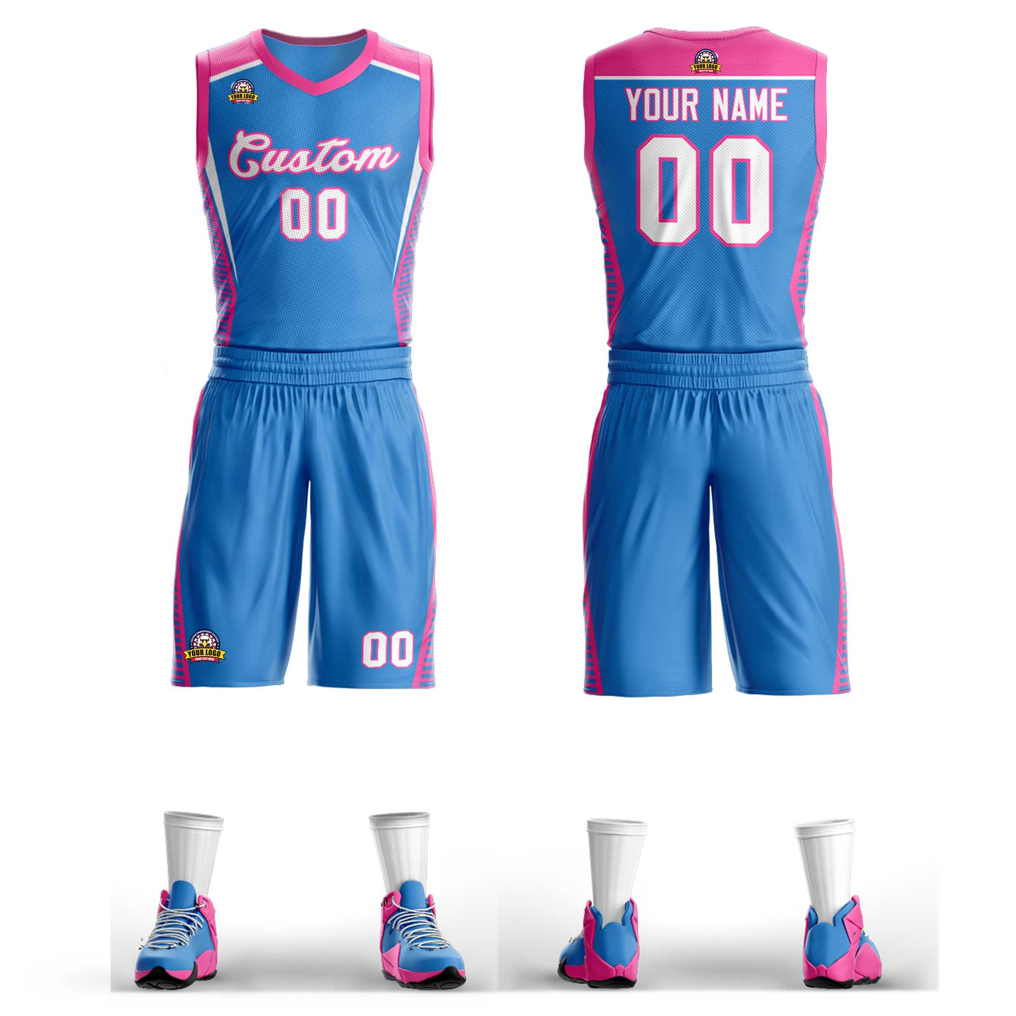 Custom Powder Blue White-Pink Classic Sets Mesh Basketball Jersey