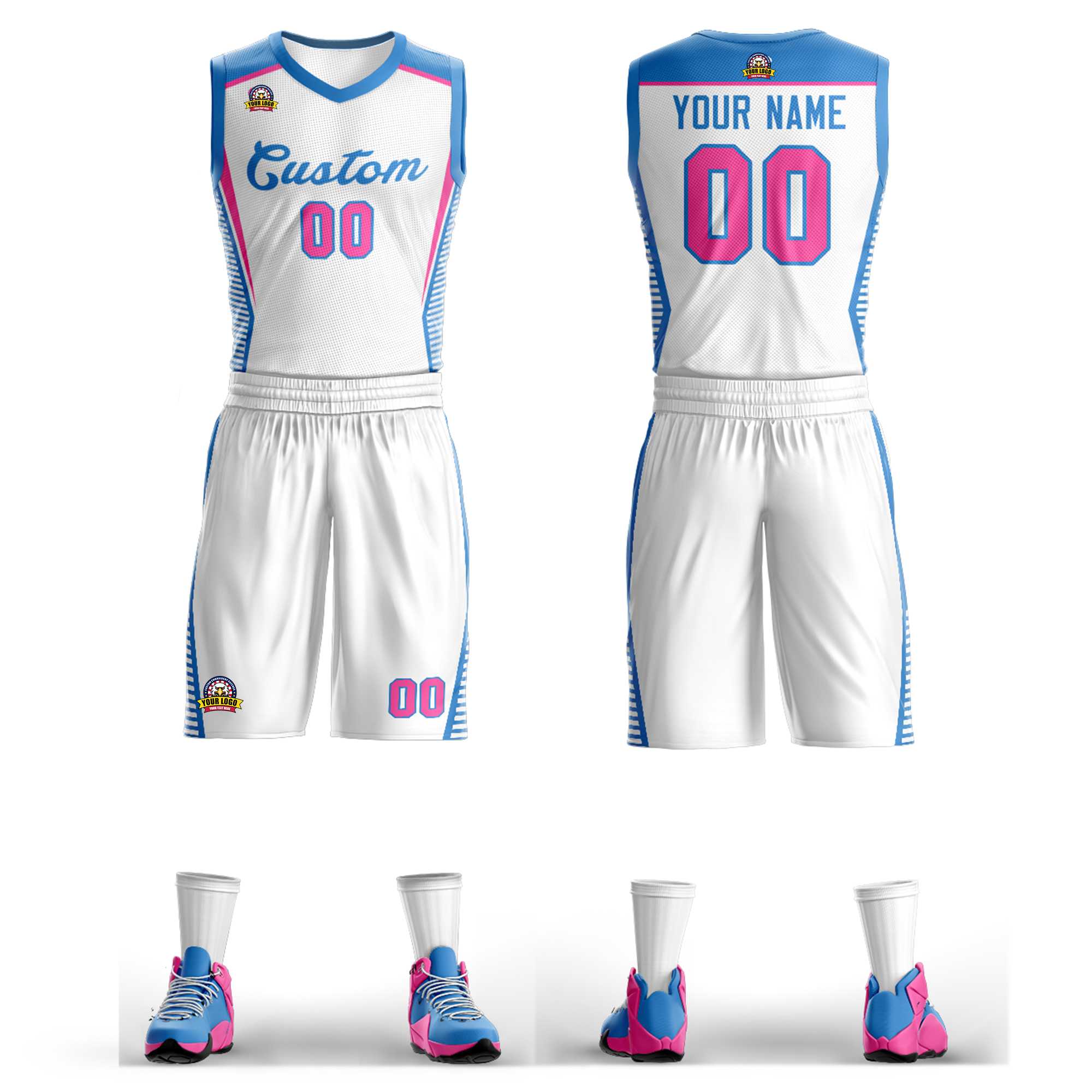 Custom White Powder Blue Classic Sets Mesh Basketball Jersey