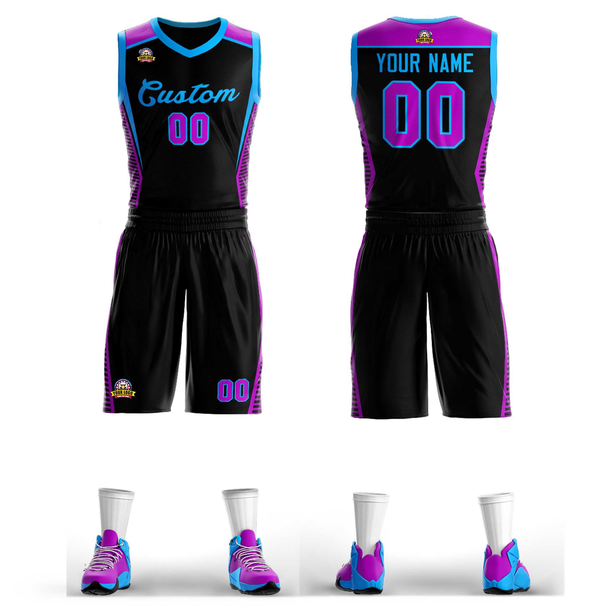 Custom Black Powder Blue Classic Sets Mesh Basketball Jersey