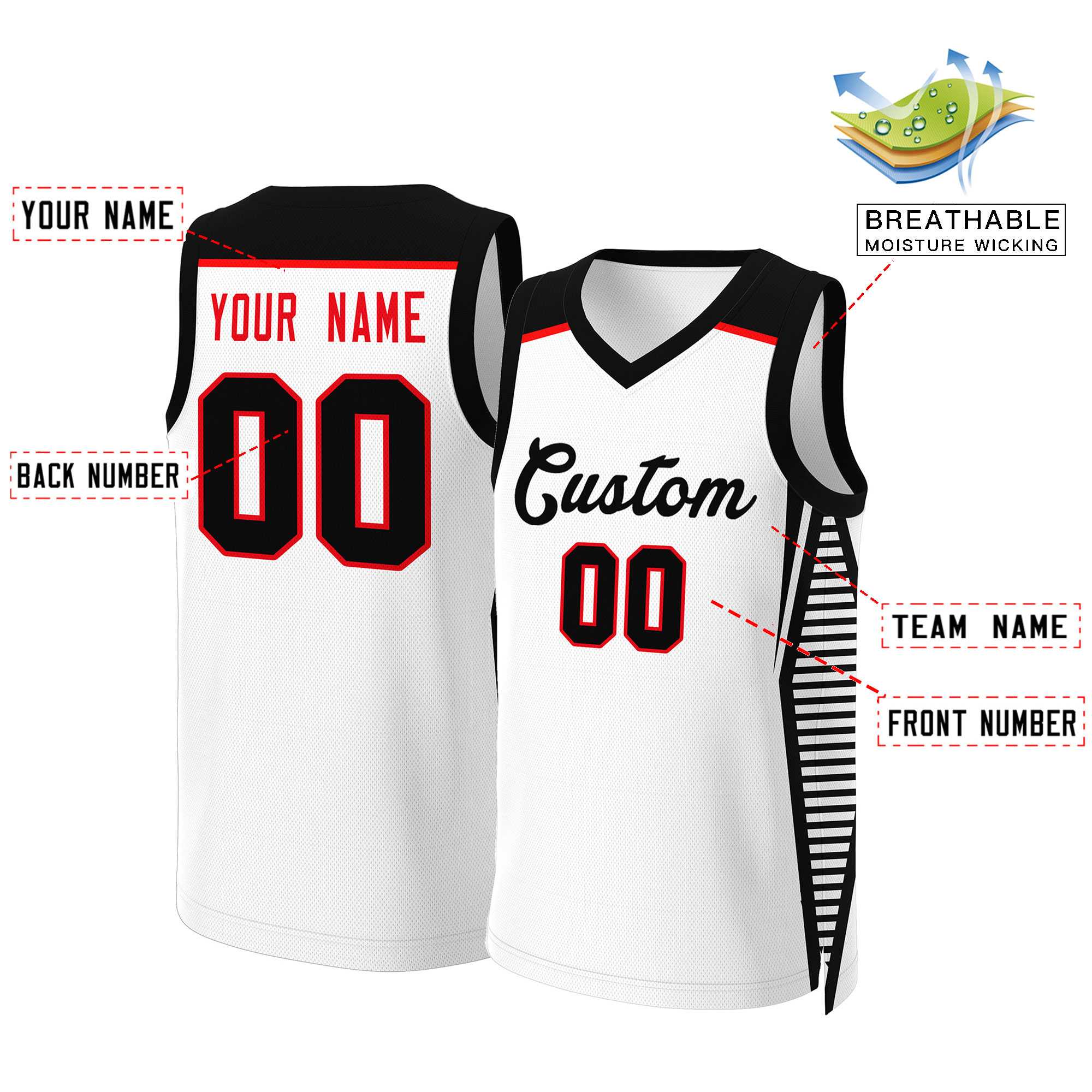 Maillot de basket-ball en maille blanc et noir, personnalisé, classique