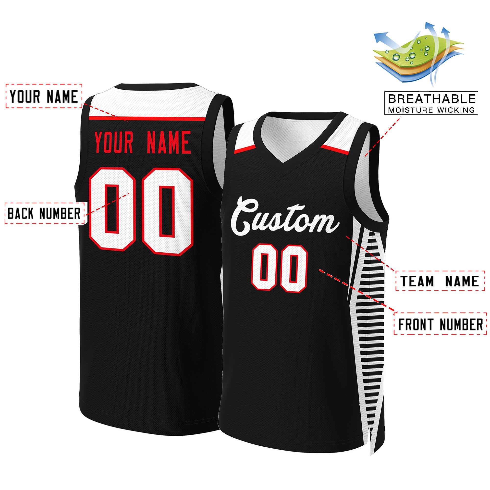 Maillot de basket-ball en maille personnalisé, noir et blanc, hauts classiques