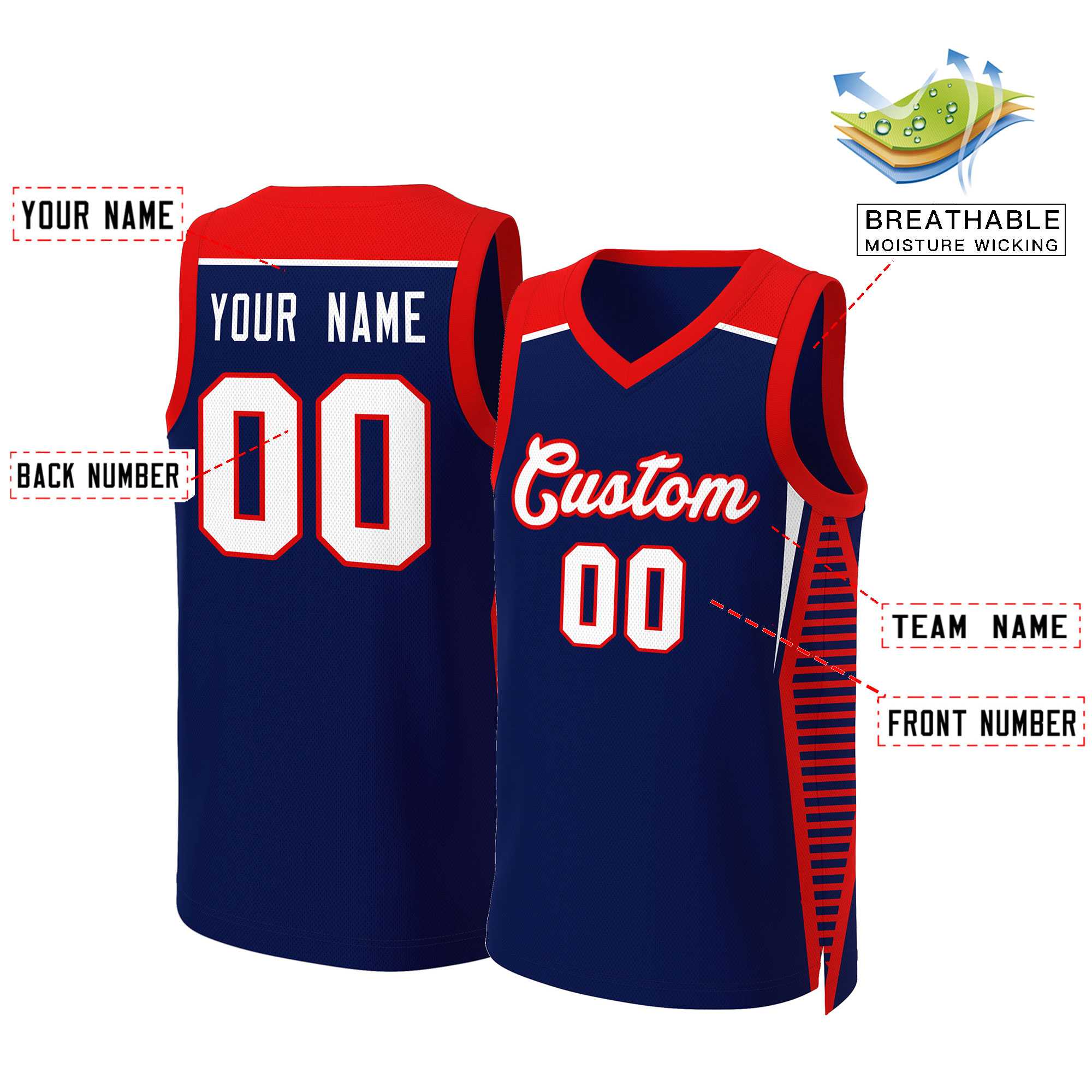 Custom Navy White-Red Classic Tops Mesh Basketball Jersey