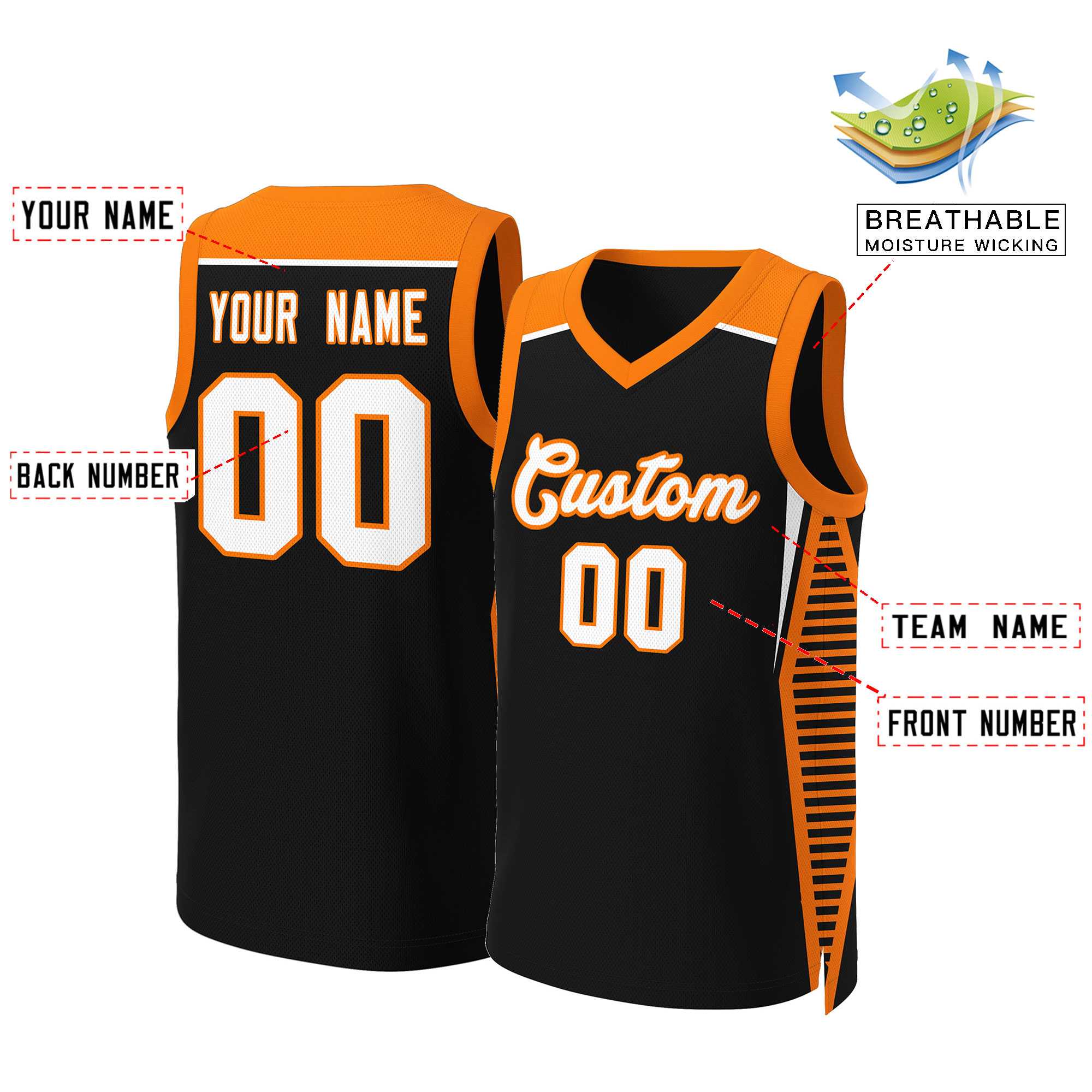 Maillot de basket-ball en maille personnalisé noir blanc-Orange, hauts classiques