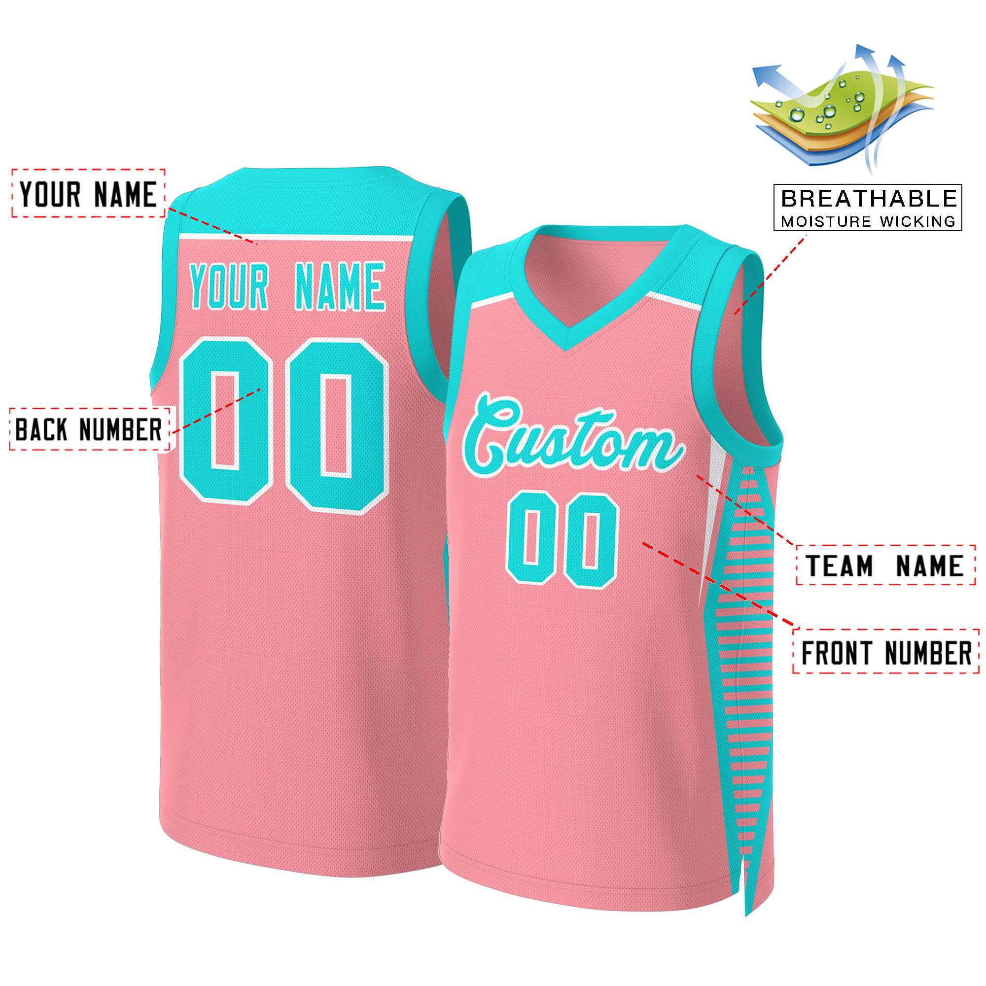 Maillot de basket-ball en maille, rose clair, Aqua-blanc, personnalisé, classique