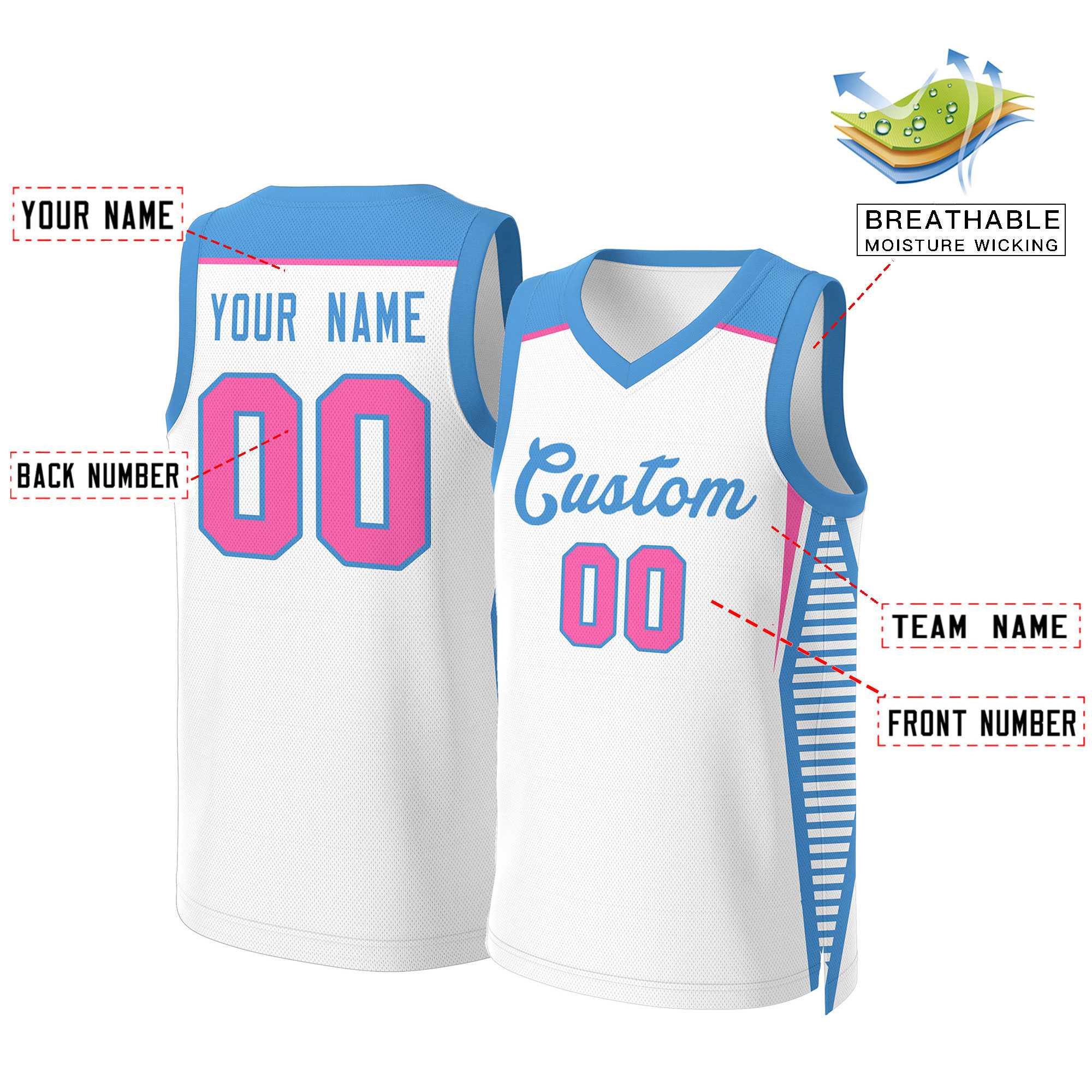 Custom White Powder Blue Classic Tops Mesh Basketball Jersey