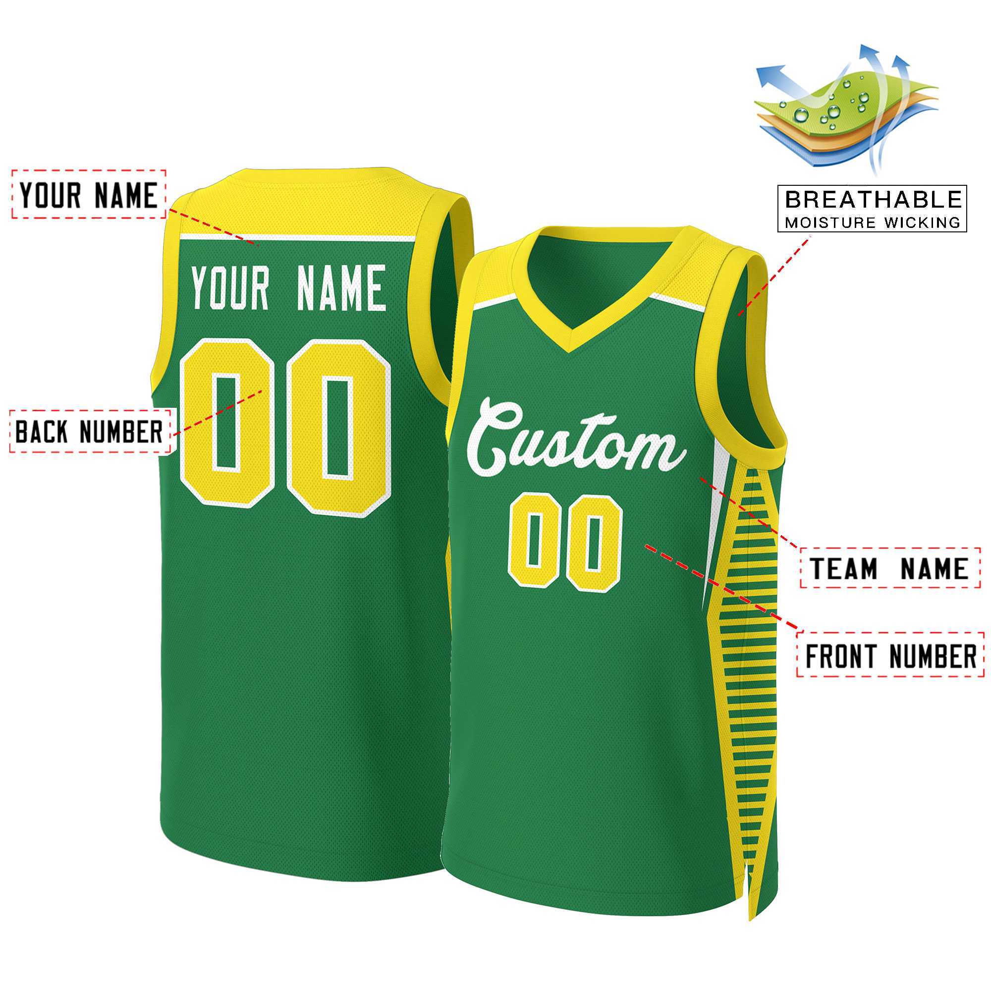 Maillot de basket-ball en maille, personnalisé, vert, blanc, classique, personnalisé