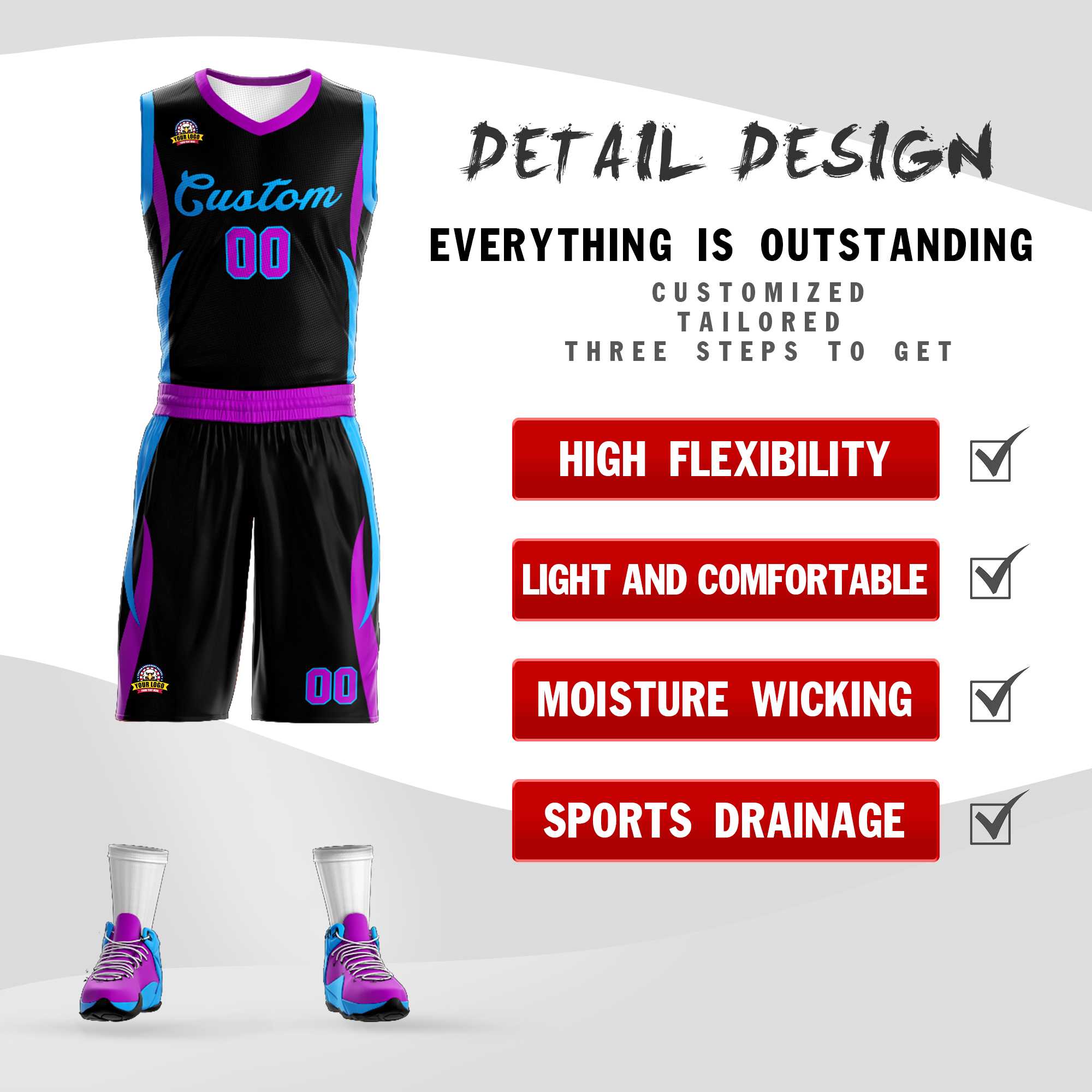 Custom Black Powder Blue Classic Sets Mesh Basketball Jersey