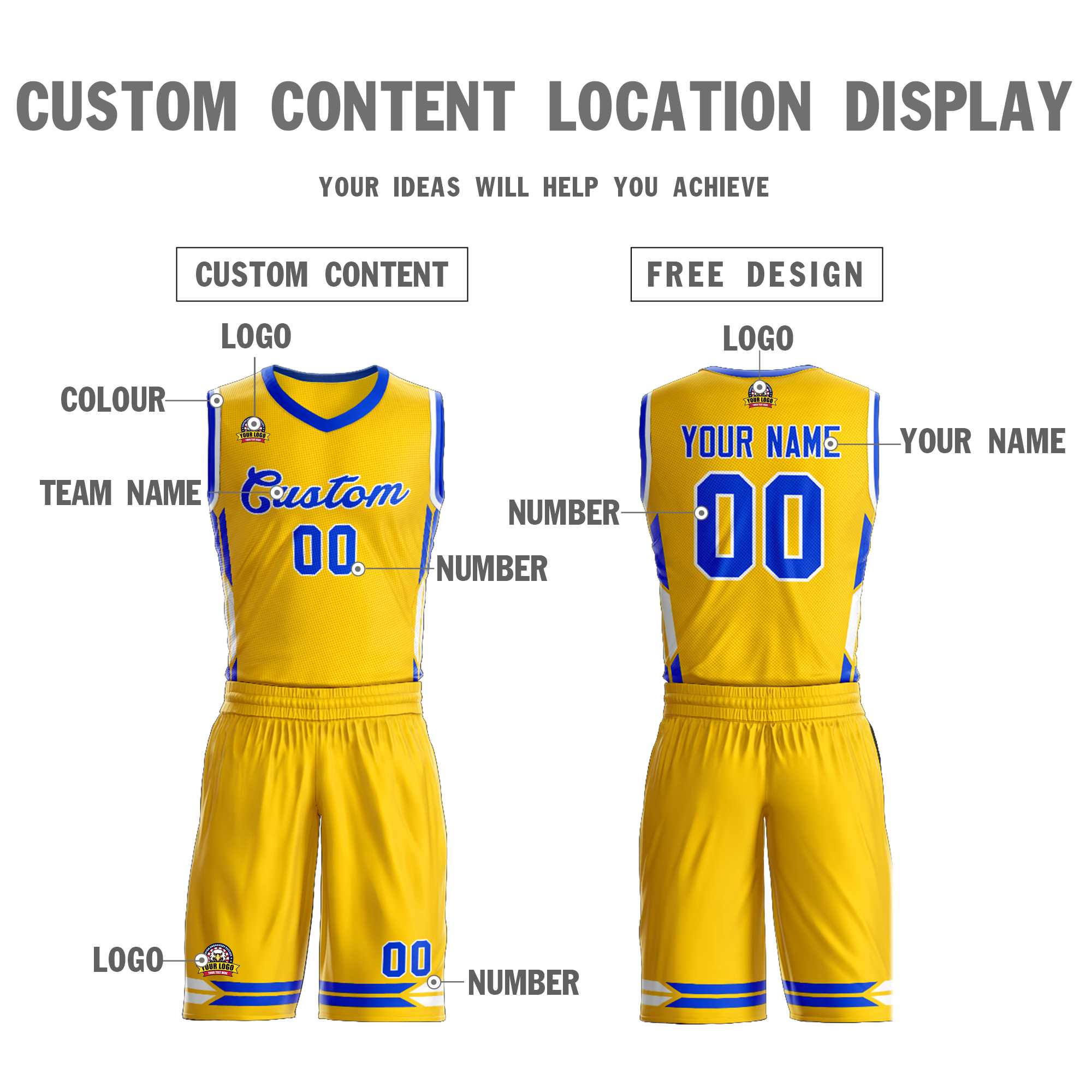 Custom Gold Blue Classic Sets Mesh Basketball Jersey