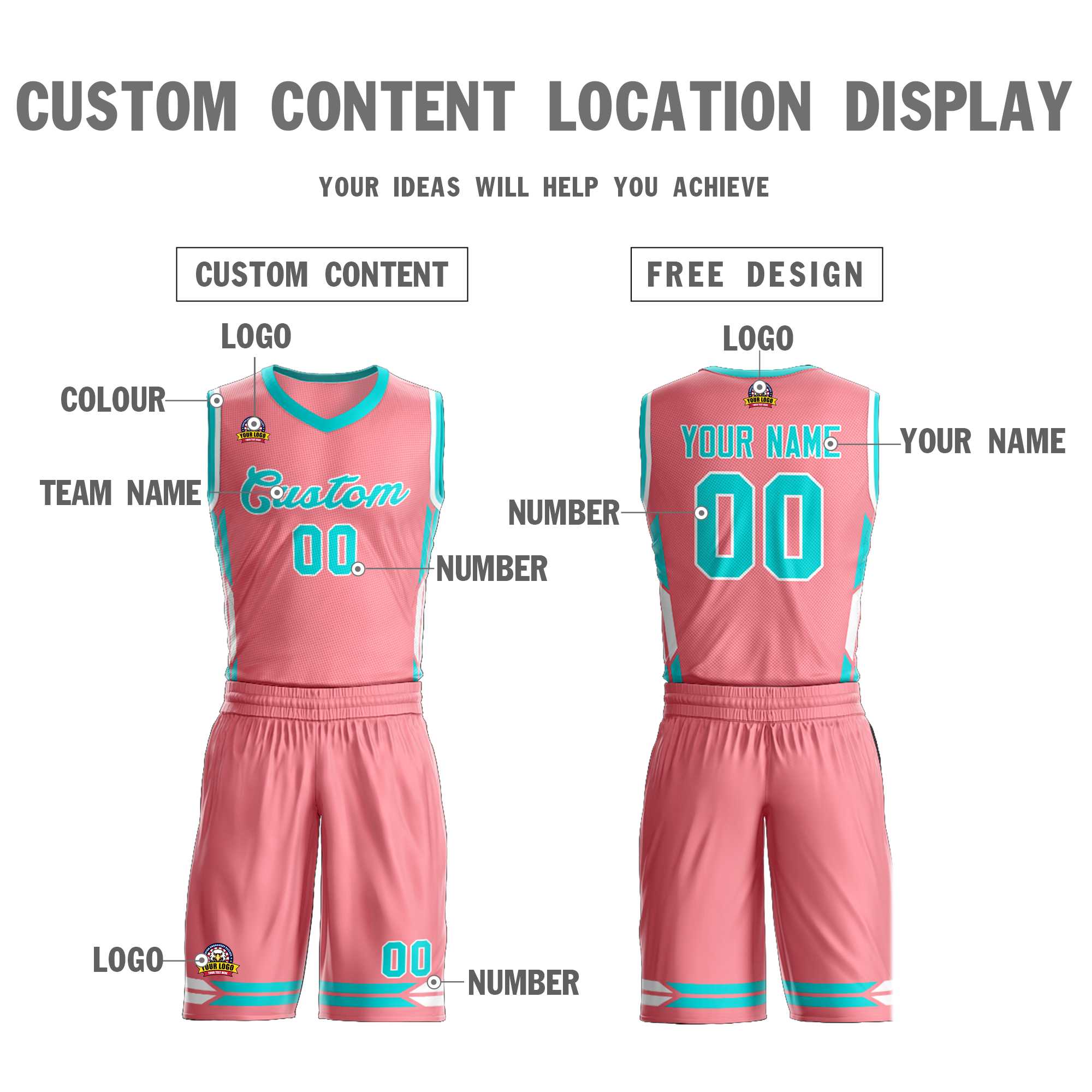 Maillot de basket-ball en maille rose clair personnalisé Aqua Classic