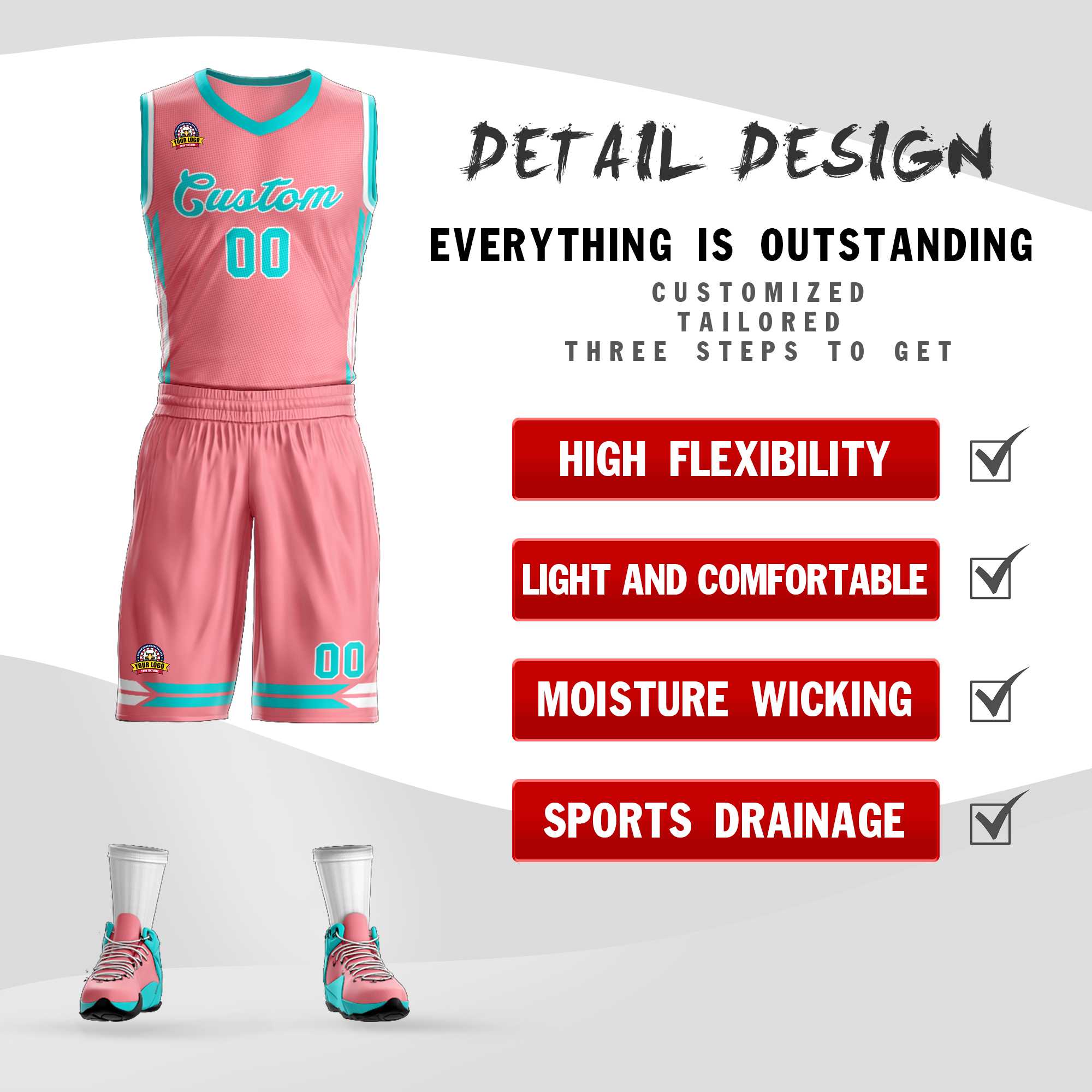 Maillot de basket-ball en maille rose clair personnalisé Aqua Classic