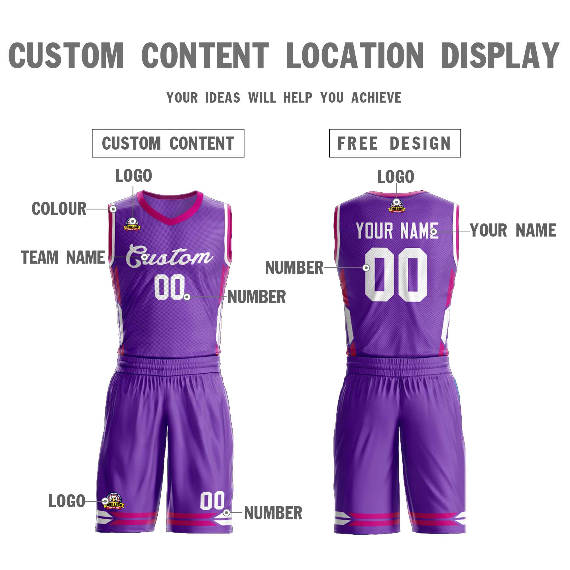 Maillot de basket-ball en maille violet et blanc personnalisé, ensemble classique