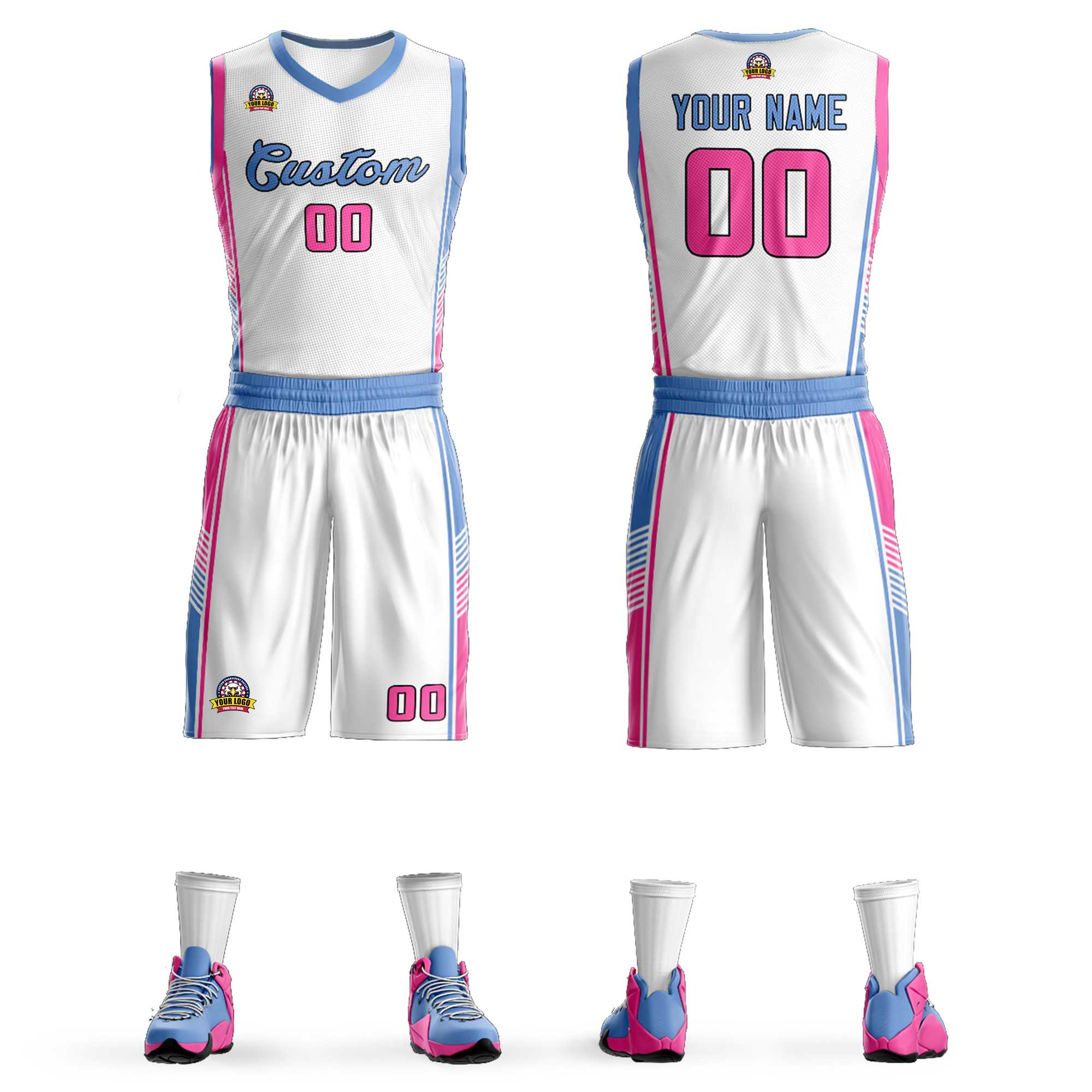 Custom White Light Blue-Pink Classic Sets Sports Uniform Basketball Jersey