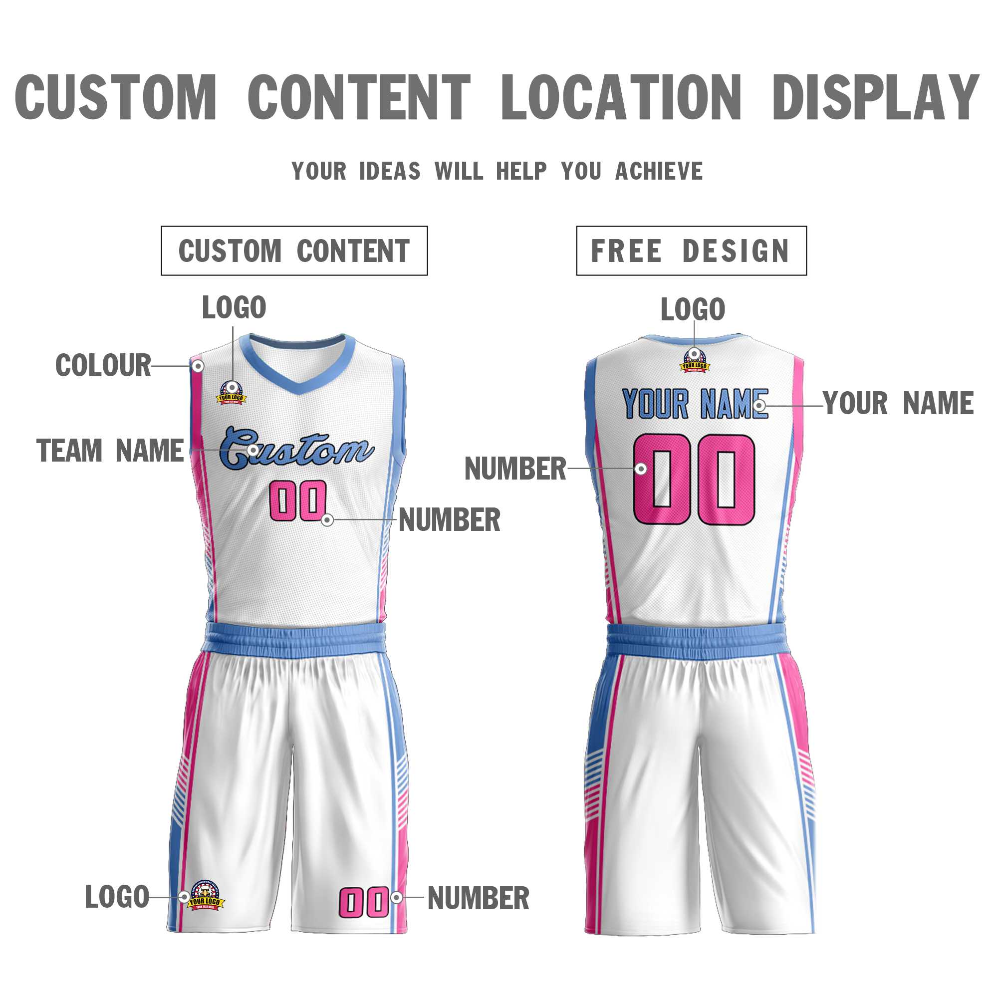 Custom White Light Blue-Pink Classic Sets Sports Uniform Basketball Jersey