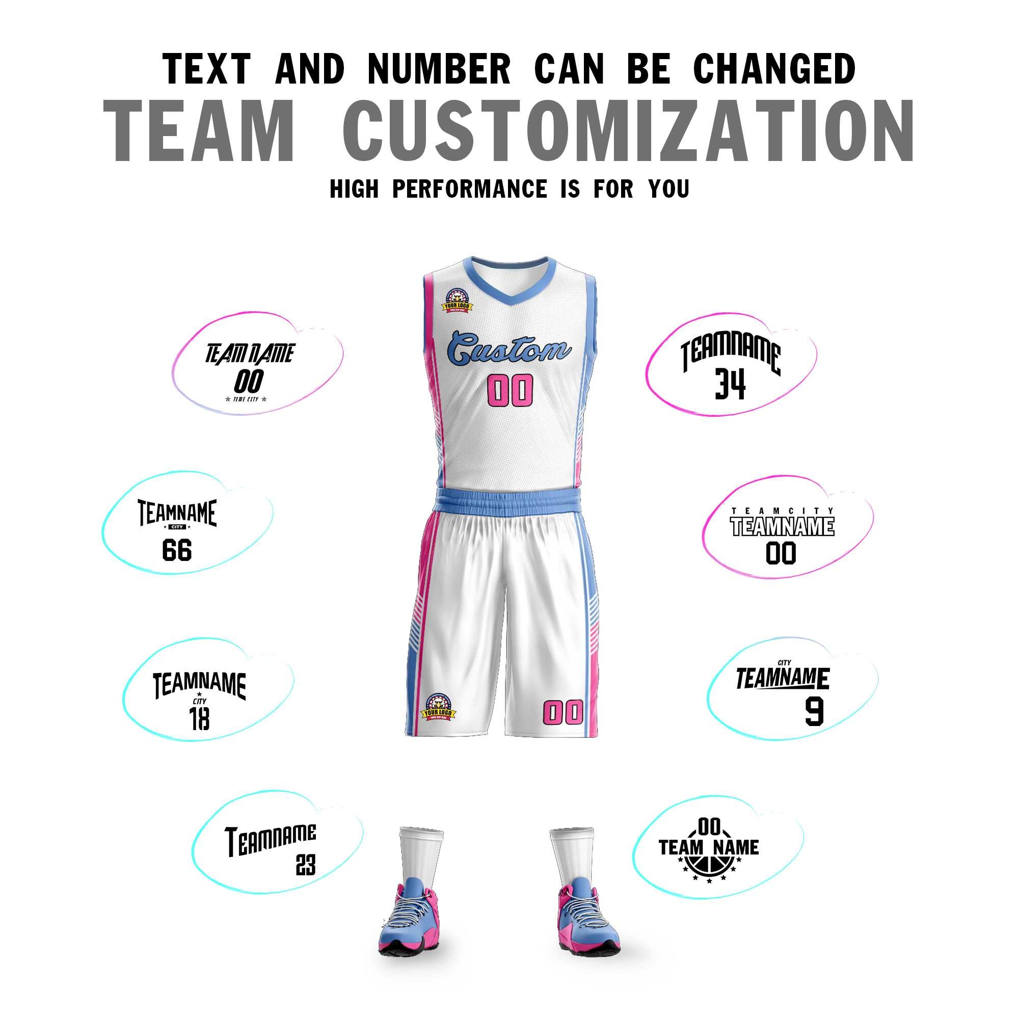 Custom White Light Blue-Pink Classic Sets Sports Uniform Basketball Jersey