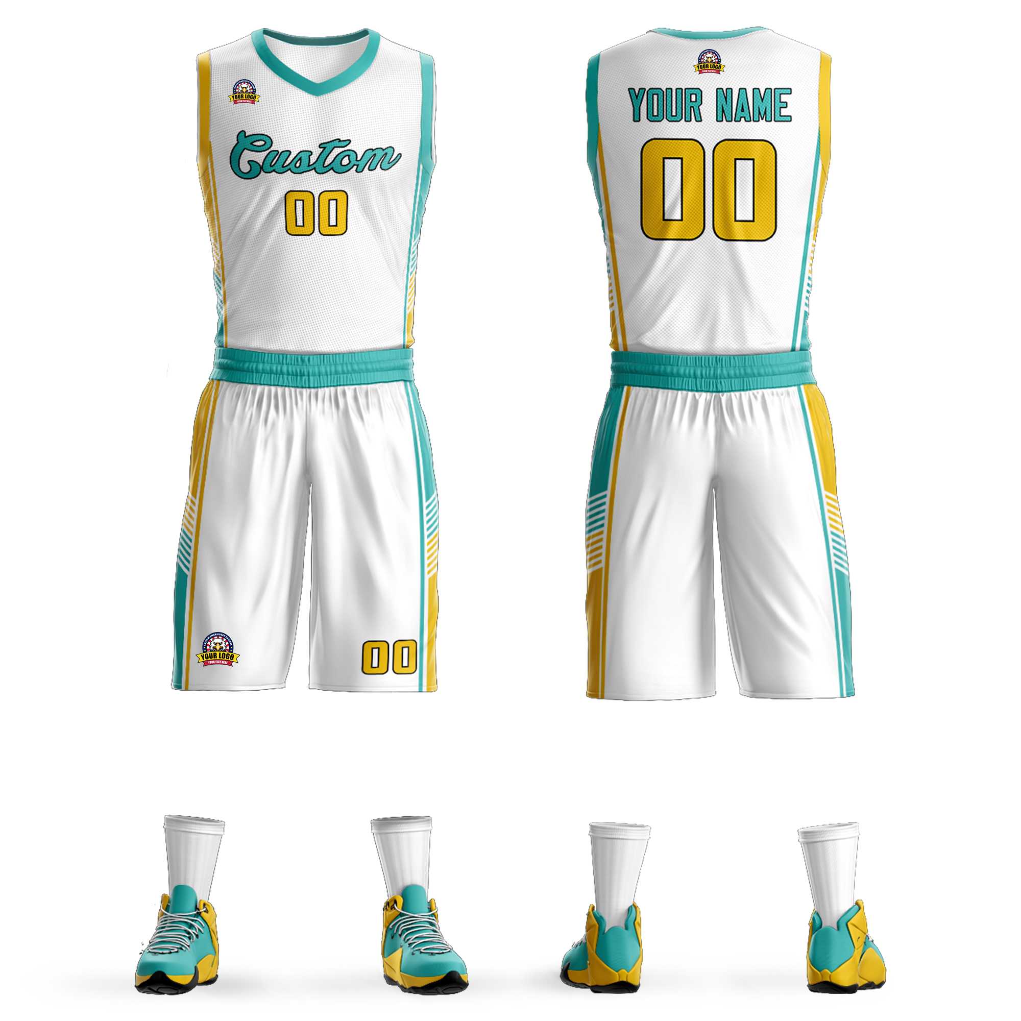 Custom White Aqua-Gold Classic Sets Sports Uniform Basketball Jersey