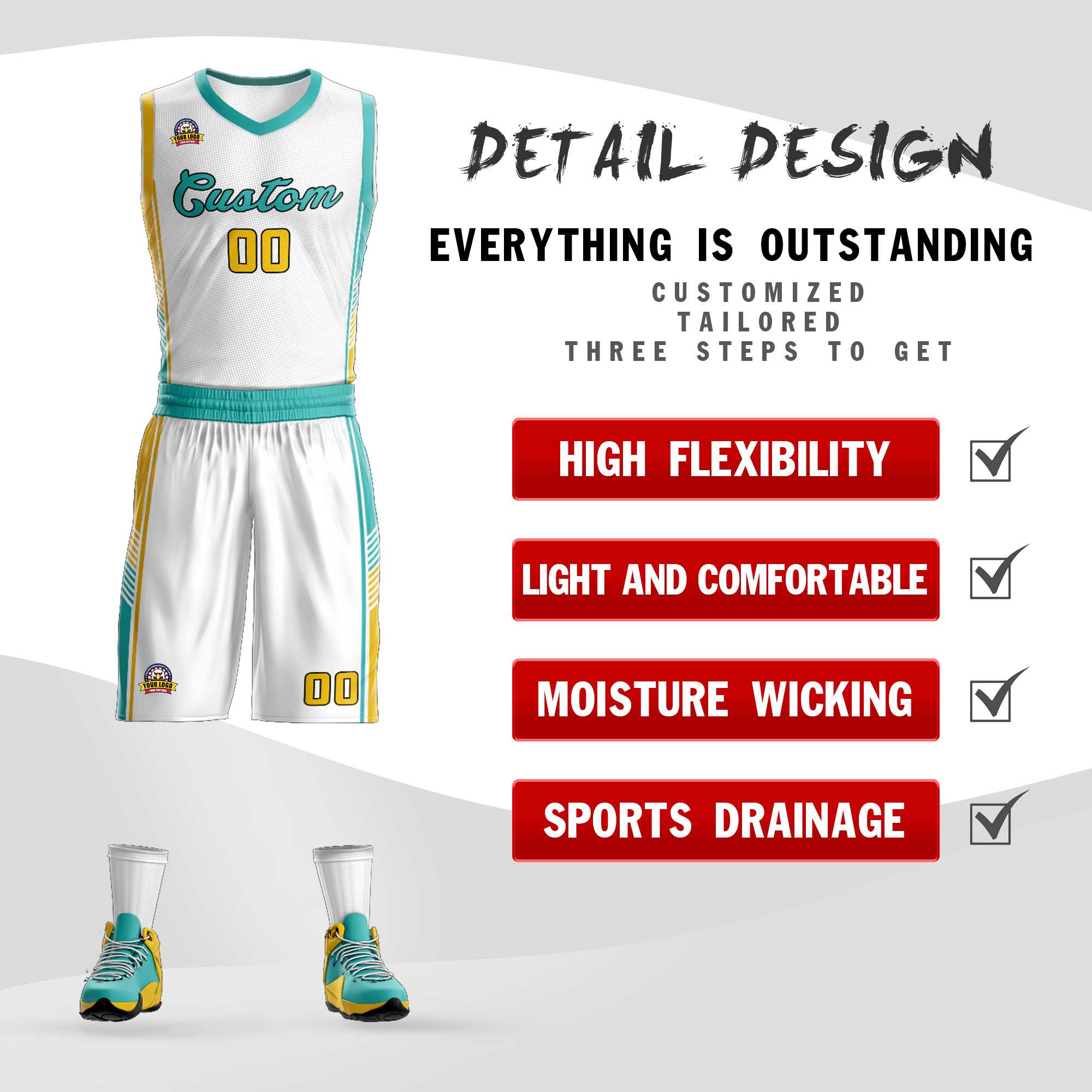 Custom White Aqua-Gold Classic Sets Sports Uniform Basketball Jersey