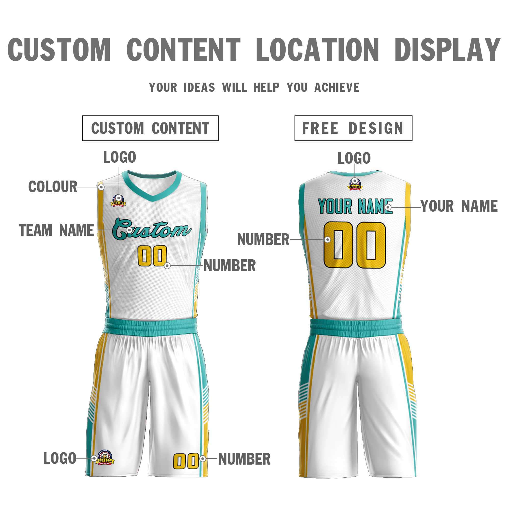 Custom White Aqua-Gold Classic Sets Sports Uniform Basketball Jersey