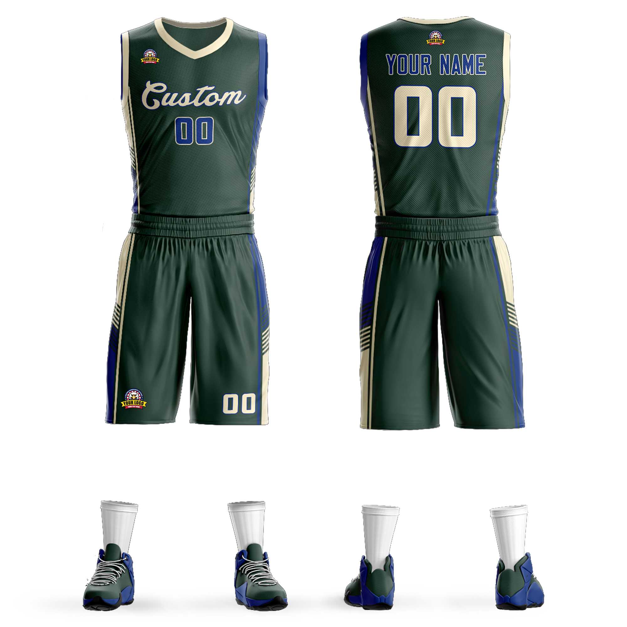 Maillot de basket-ball personnalisé Hunter Green Cream-Royal Classic, uniforme de sport